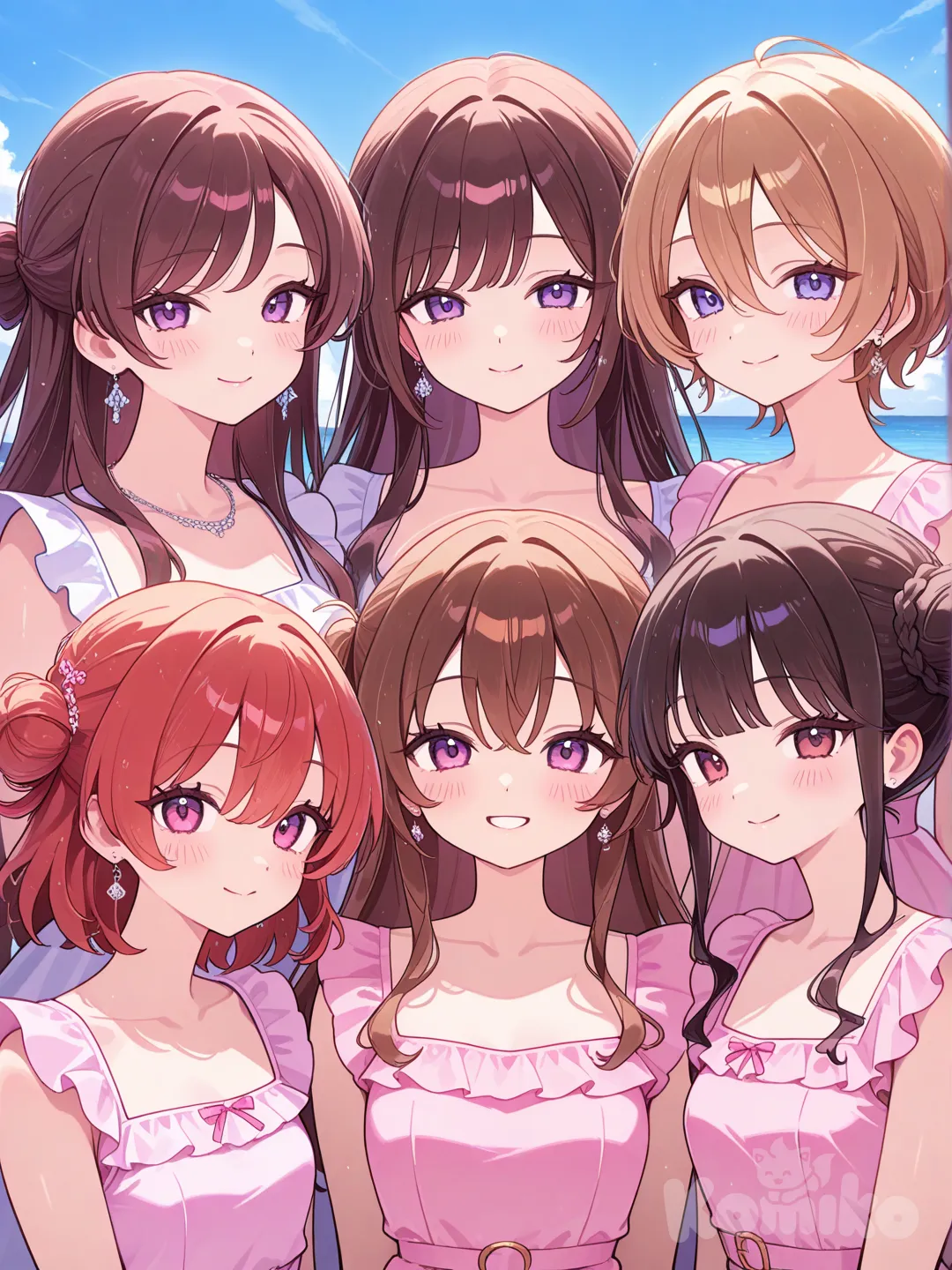 4 girls,all wearing hot pink dresses,all have brown hair in a messy bun, upper body, day, blue sky,prom