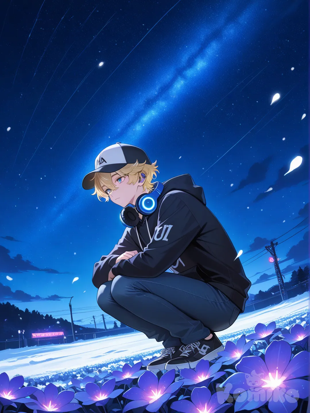 1boy, squatting, hoodie, jeans, wide-leg pants, baseball cap, headphones, blonde hair, messy hair, full body, night, neon lights, field, flower field, snowy, leaves falling