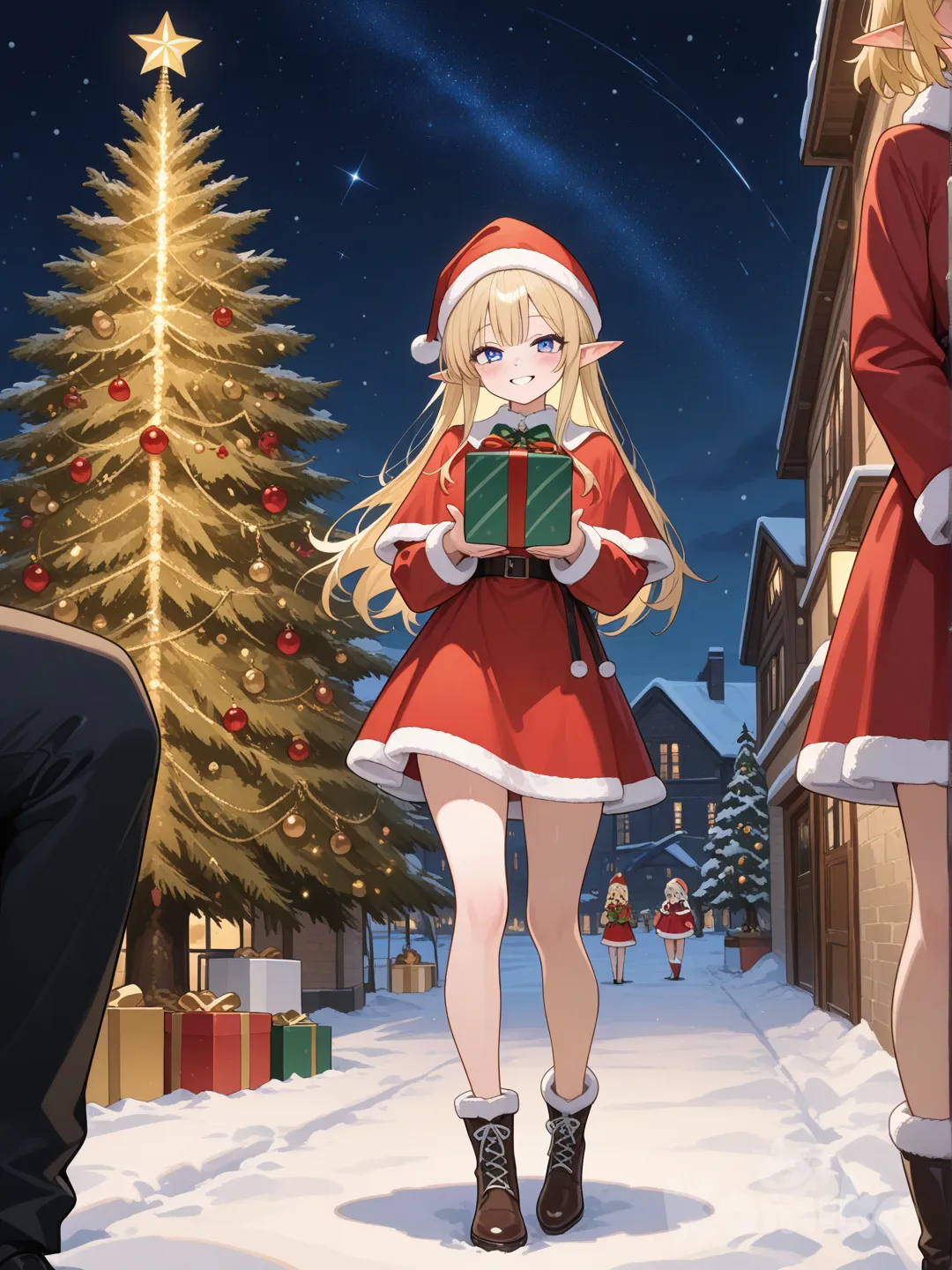 1girl, blonde hair, wearing a Santa dress and a Santa hat, holding a Christmas present,a Christmas tree in the background,snowy,night,full body,two little elf's beside her