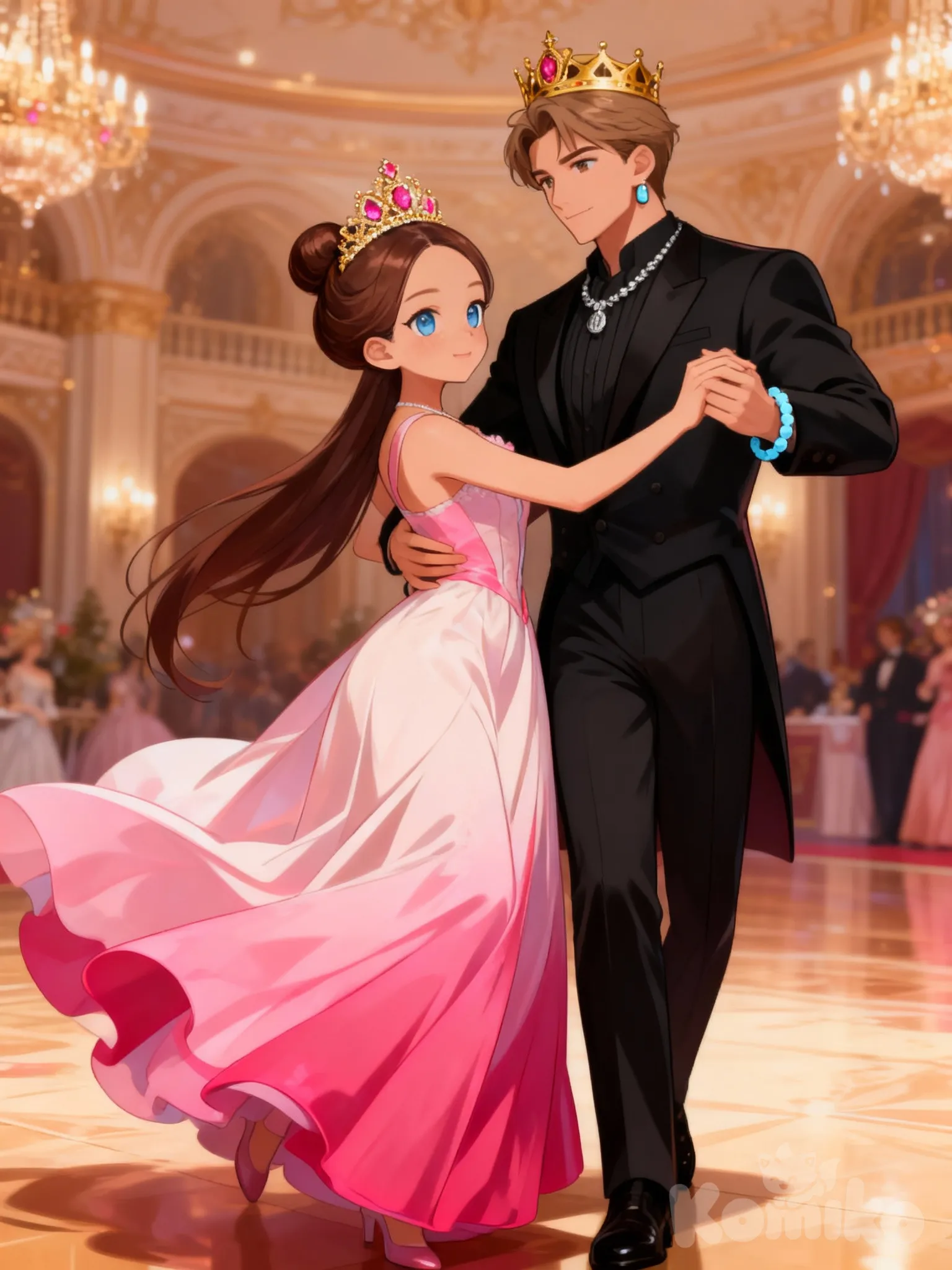 @sofia-NElm,wearing a long princess dress in light and hot pink,hair in a tight bun with a gold tiara with pink gems, full body, at a ball dancing with the prince who is wearing a black prince suit with a gold crown