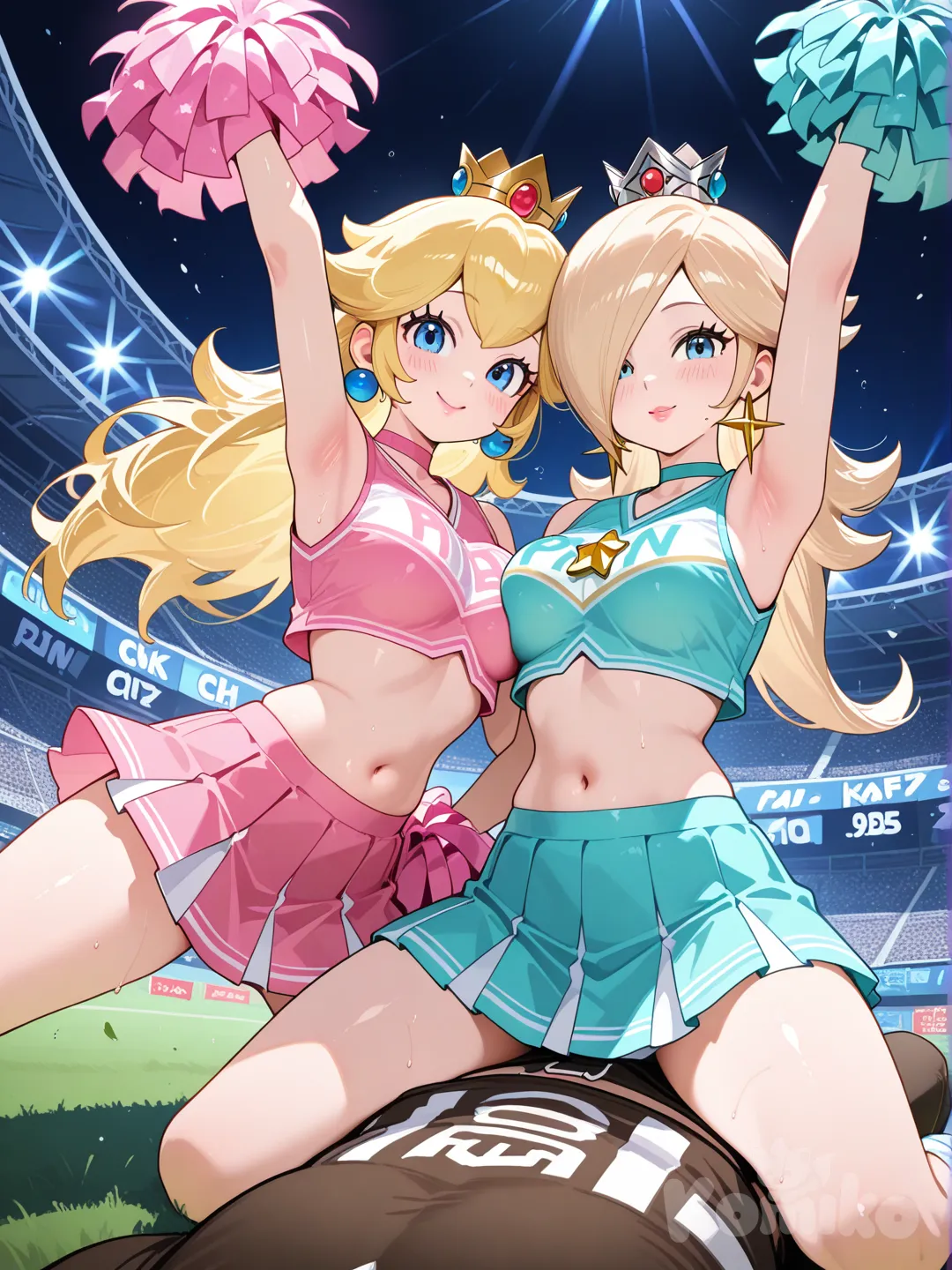 princess peach, in a pink cheerleader outfit holding light and hot pink pompoms,in a middle split at a football game,princess Rosalina