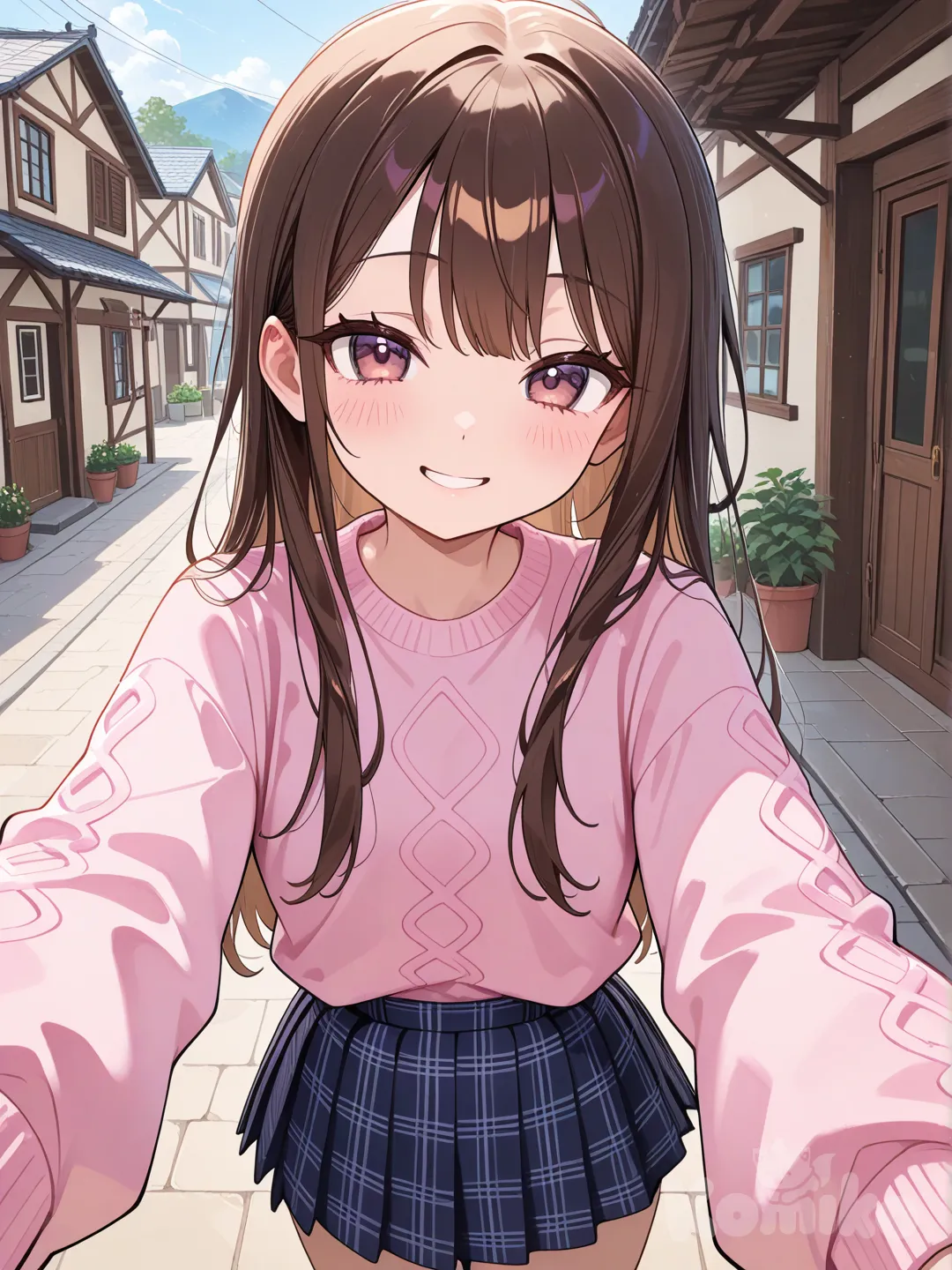 selfie, smile, 1girl,cute light pink sweater,short plaid skirt,brown silky hair, looking at viewer, day, village
