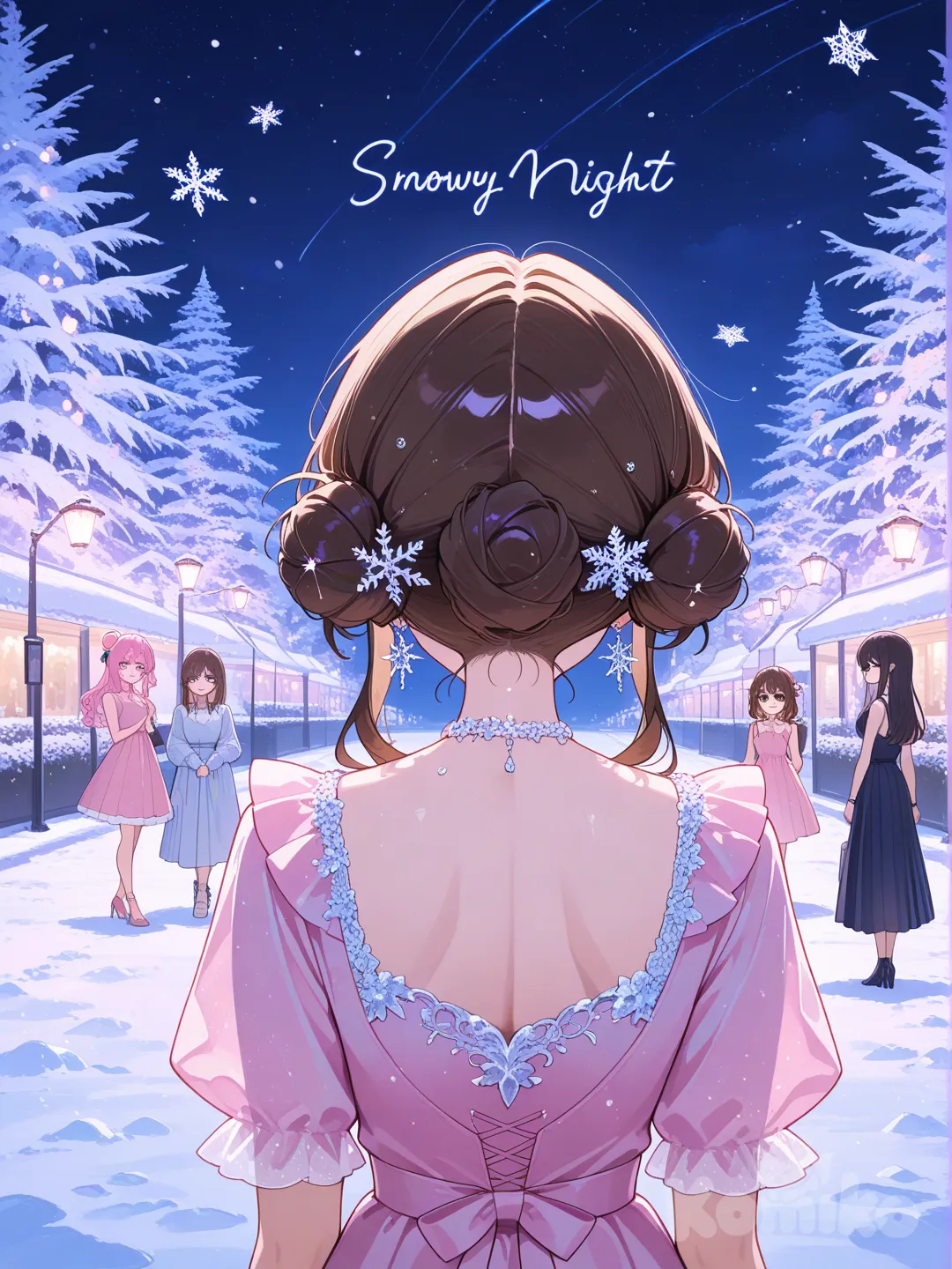 4 girls,all wearing hot pink dresses,all have brown hair in a messy bun, upper body, day, night sky,prom,snowy night