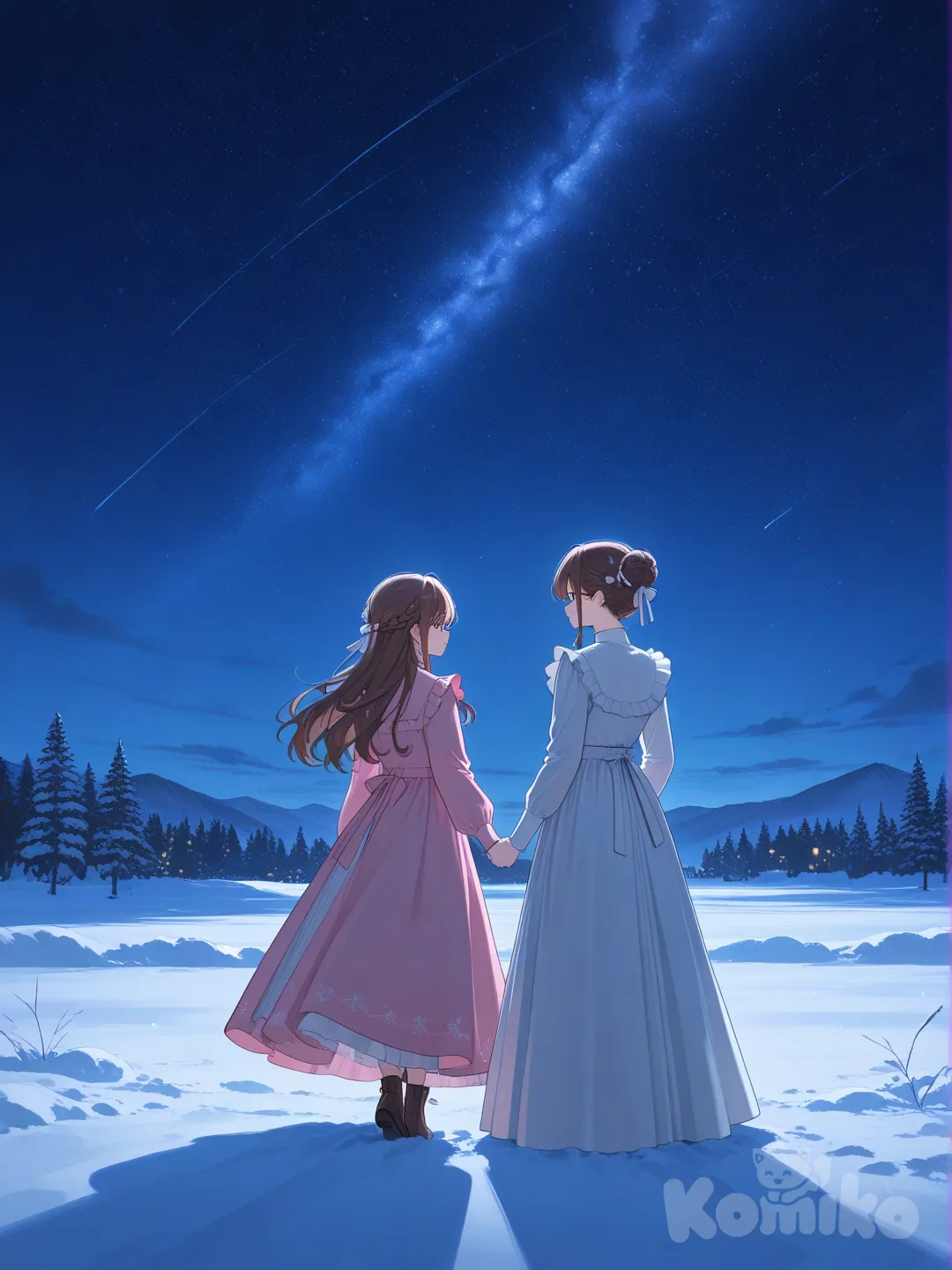 2 girls,all wearing long pink dresses,both have brown hair in a braid bun, full body, day, night sky,prom,snowy night