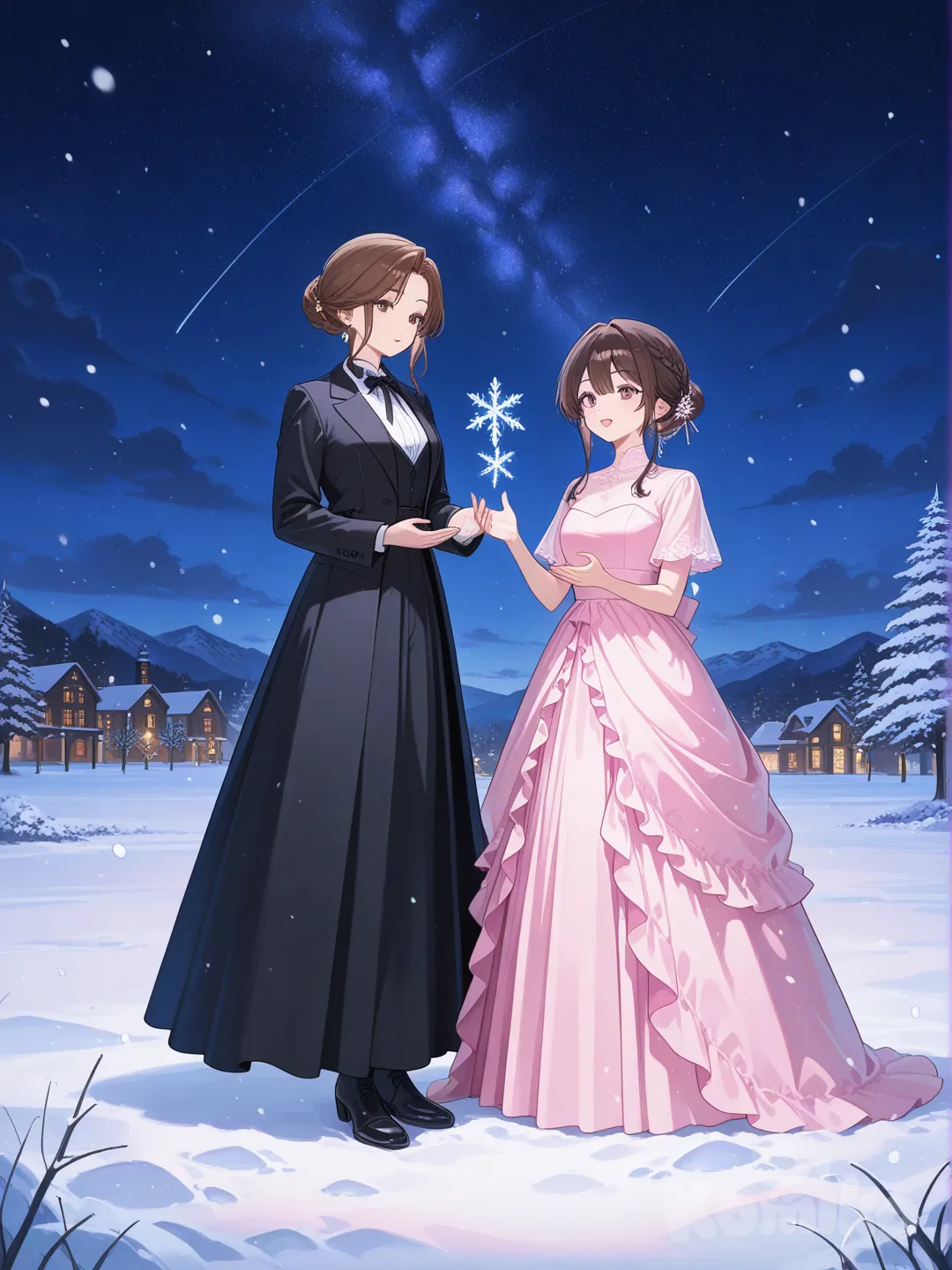2 girls,all wearing long pink dresses,both have brown hair in a braid bun, full body, day, night sky,prom,snowy night