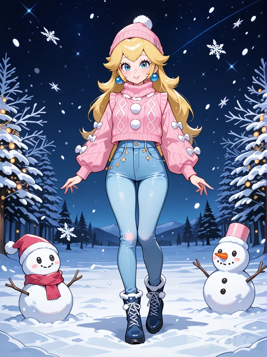1girl, princess peach, wearing a pink sweater and pink puffer vest and light blue jeans and fluffy black boots and a cute pink hat with a white pompom on the top of the hat, full body, snowflakes, snowman, snowing, night, christmas lights