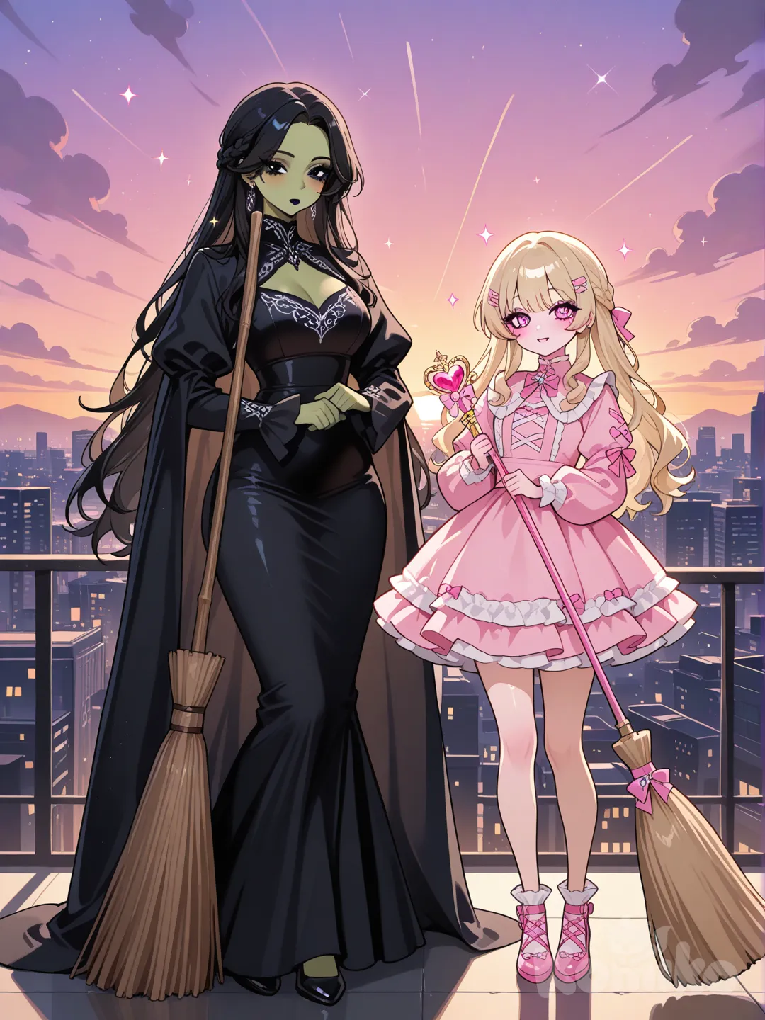 2girls,one of the girls have tan skin pink makeup blond hair pink sparkly puffy dress with a pink wand,one girl with green skin black makeup black braids black dress with a black long cape and a brown broom, full body,sunset,In front of Emerald city from Wicked