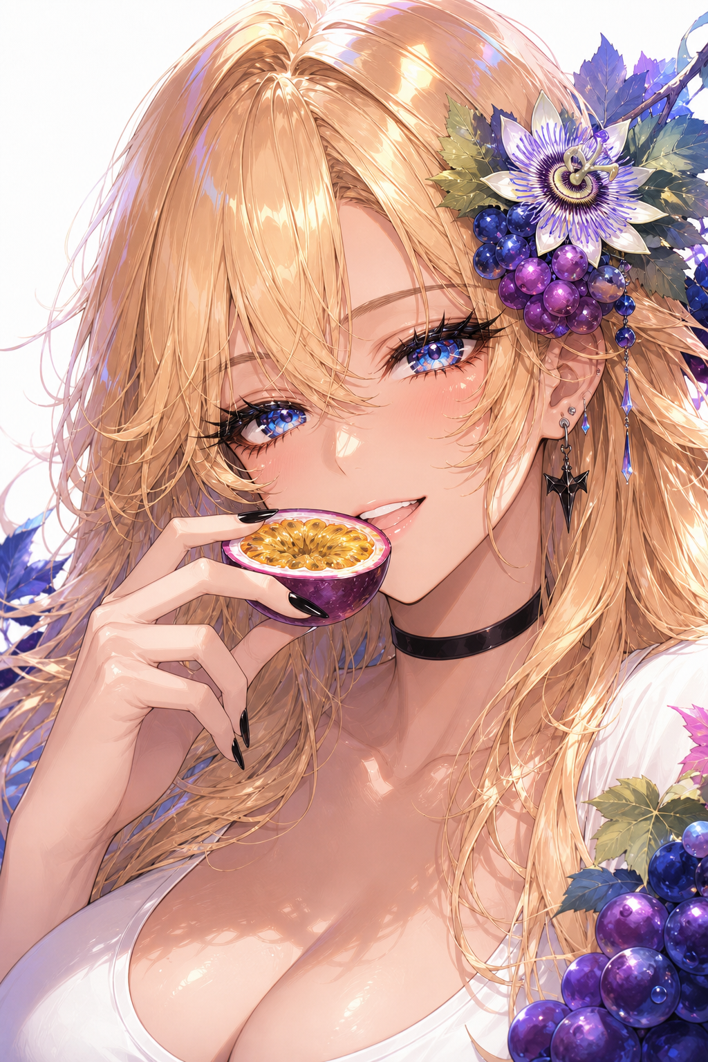 score_9, score_8_up, score_7_up, very aesthetic, absurdres, (extremely :1.3), 1girl, solo, adult woman, kory, [CHARACTER REFERENCE: use attached reference image for facial features, hairstyle, hair color, eye design, proportions, and overall identity], (close-up:1.2), portrait, face focus, shoulders and upper chest visible, (looking at viewer:1.3), (eating passionfruit:1.3), (holding a sliced passionfruit near her lips:1.4), tasting fruit, hand delicately raised near mouth, half-lidded eyes, smug playful expression, subtle teasing smile, relaxed confident gaze, (golden blonde hair:1.5), (warm champagne blonde hair:1.3), long layered hair, soft face-framing layers, airy wispy strands, slightly tousled flowing hair, luminous blonde highlights, silky hair, (NO blue hair:1.3), (NO purple hair:1.3), blonde hair remains the dominant hair color, (brilliant crystalline blue eyes:1.5), (large irises:1.4), deep sapphire and icy blue iris gradients, intricate reflective pupils, sparkling catchlights, glossy eyes, long dramatic black eyelashes, winged eyeliner, delicate lower lashes, soft blush, warm fair skin, glossy lips, (black nail polish:1.2), (grape cluster hair accessory:1.4), (passionfruit flower hair ornament:1.3), small decorative grape leaves, elegant fruit-inspired hair ornament, (deep blue grapes:1.3), (violet-purple grapes:1.3), subtle indigo botanical accents, (multiple ear piercings:1.3), black pointed star earrings, small silver studs, black choker, (white fitted top:1.3), simple flattering white shirt, clean neckline, (white background:1.3), simple bright background, soft shadow, subtle cool blue and lavender reflected light, (blue and purple palette:1.4), sapphire blue, electric blue, periwinkle, indigo, violet, lavender, ultraviolet accents, cool jewel-tone color harmony, luminous purple-blue reflections, vibrant saturated accents, (blonde hair contrasting against cool blue and purple palette:1.3), grape and passionfruit theme, lush exotic fruit aesthetic, juicy translucent fruit flesh, glossy grapes, sparkling condensation, botanical details, dreamy fruity atmosphere, fresh, playful, slightly mischievous, sharp elegant lineart, clean painterly shading, illustration, luminous skin, glossy highlights, complex eye rendering, delicate hair strands, polished anime illustration, soft bloom, subtle rim lighting, high color depth, vibrant but harmonious colors