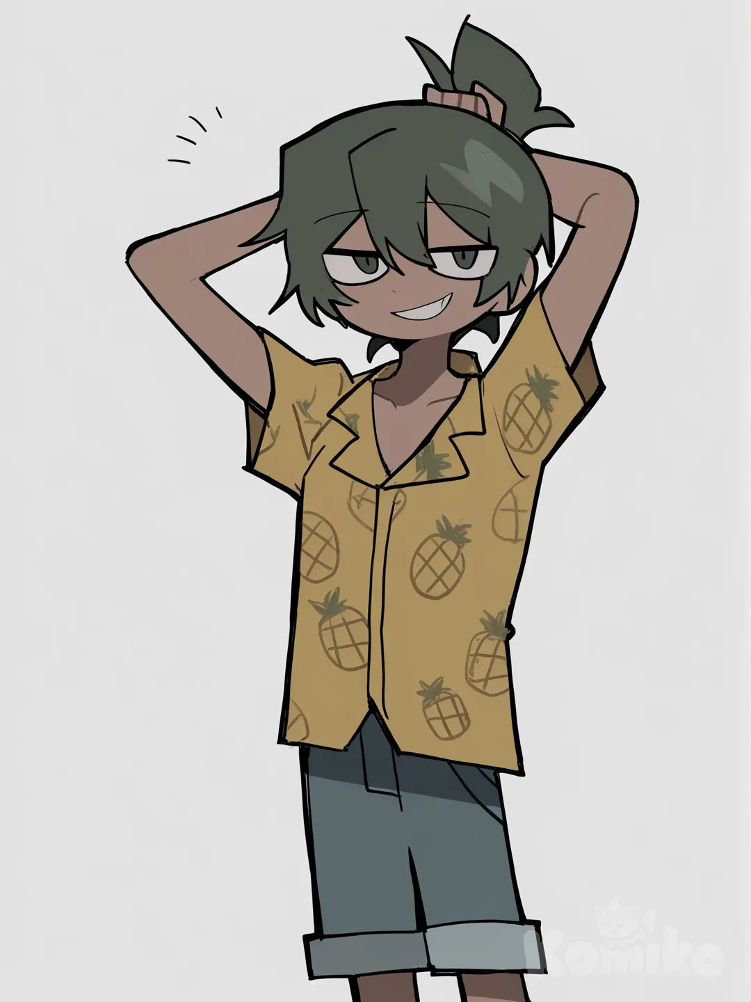 [pop-sketch-style], tan skin, male, pineapple hair, hawaiian shirt, jean shorts, tying hair, upper body, smile