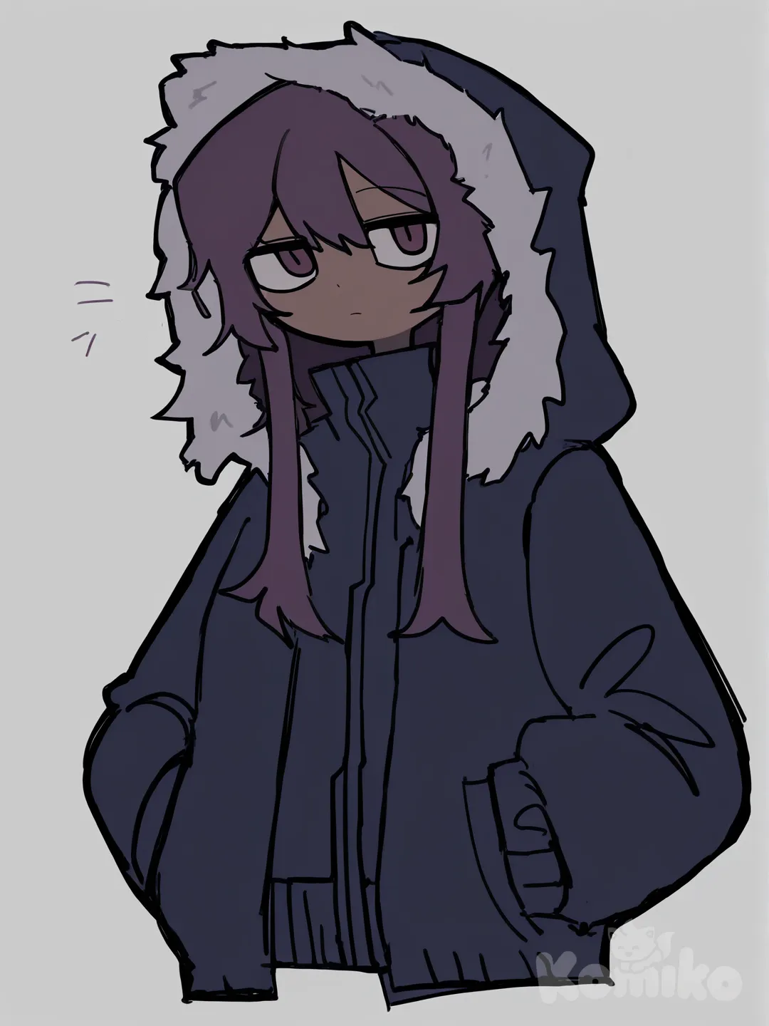 [pop-sketch-style], blueberry hair, dark skin, female, navy hoodie, light blue knitted vest, hands in pockets, expressionless, upper body