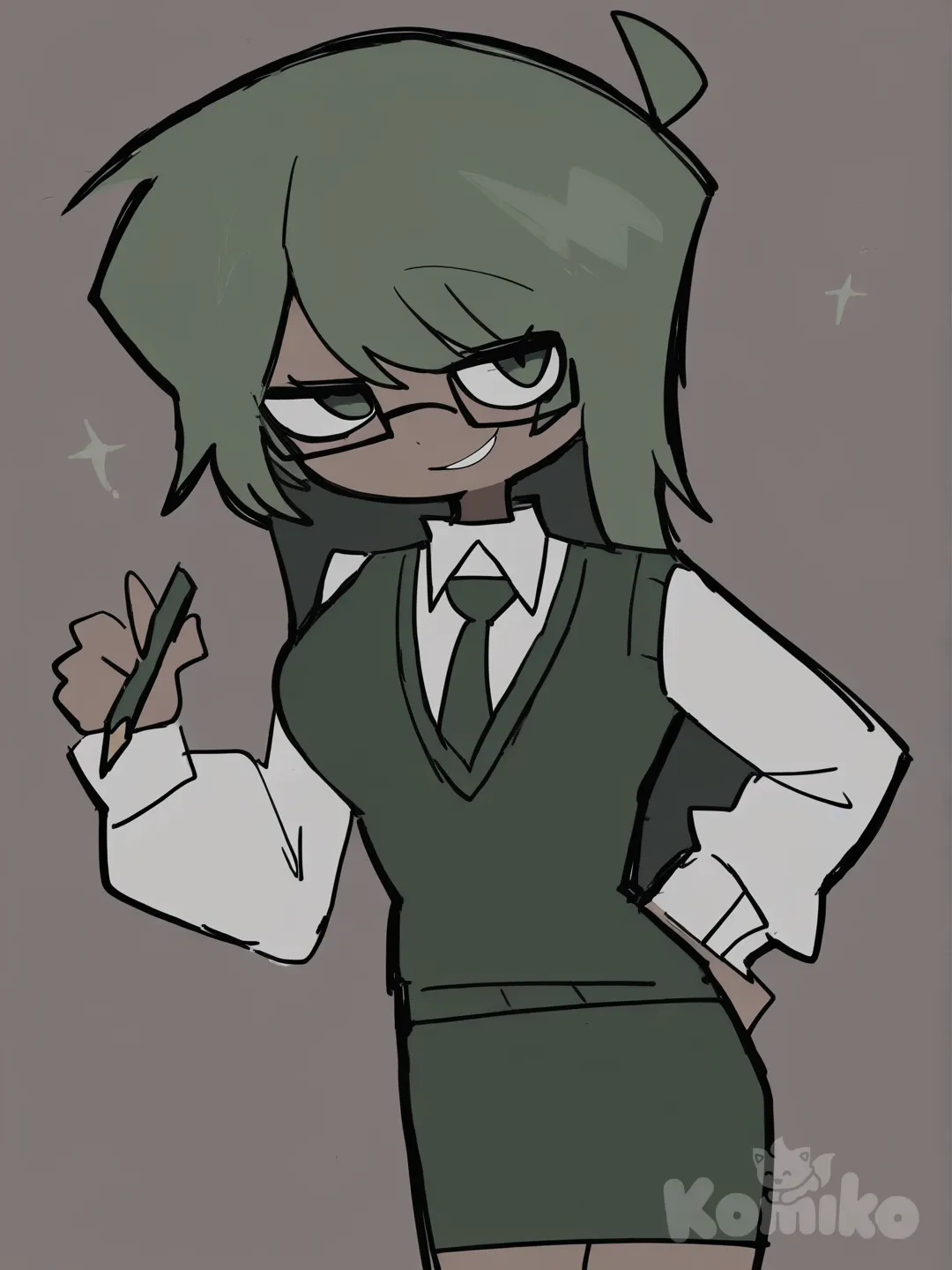[pop-sketch-style], pear hair, female, slightly tanned skin, glasses, henley shirt, school vest, pencil skirt, upper body, holding pencil, smirk, winking at viewer