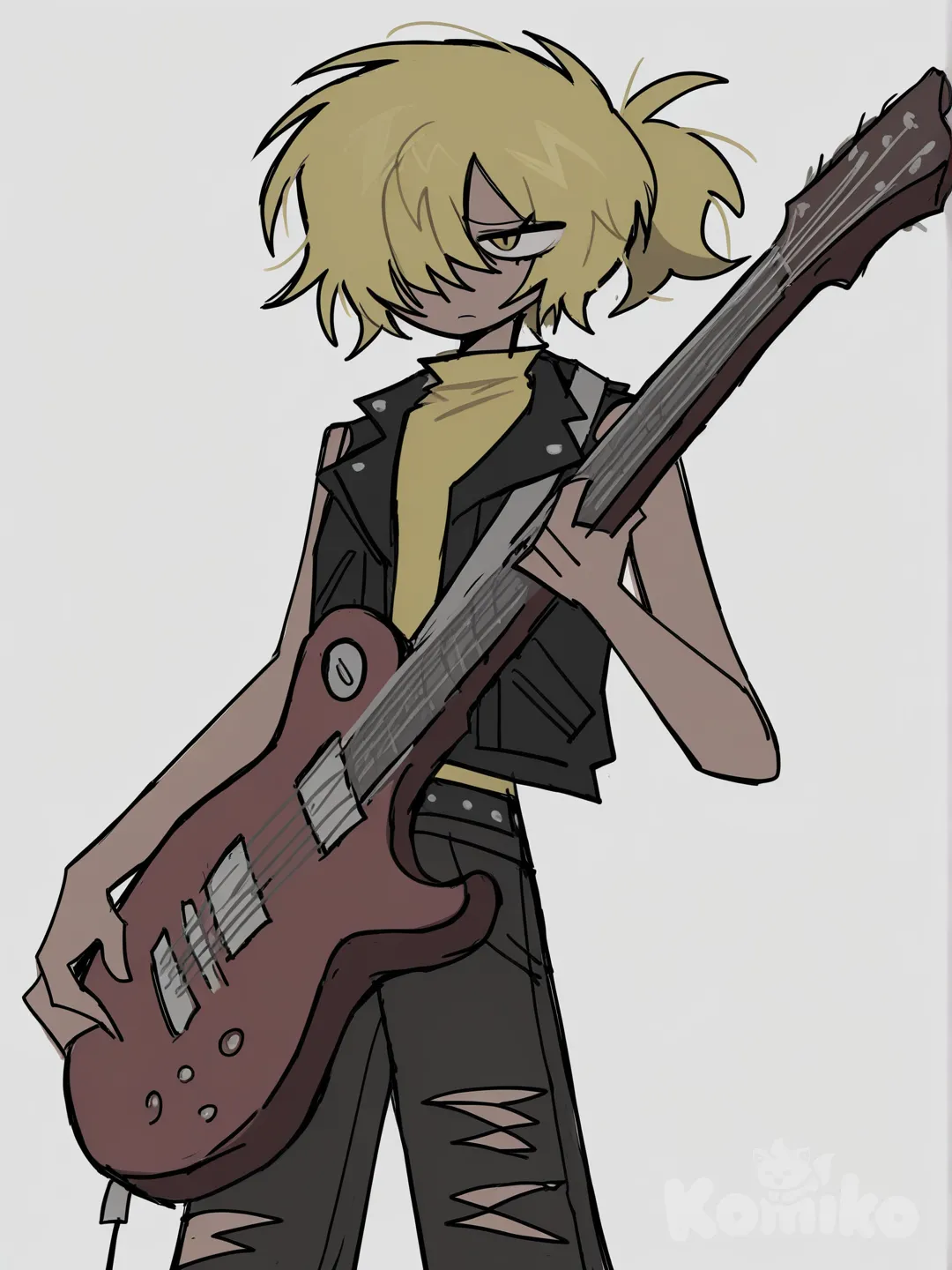[pop-sketch-style], electric yellow lemon hair with a messy ponytail and bangs covering one eye, female, tanned skin, henley shirt, sleeveless punk leather jacket, ripped jeans, holding electric guitar, serious, upper body
