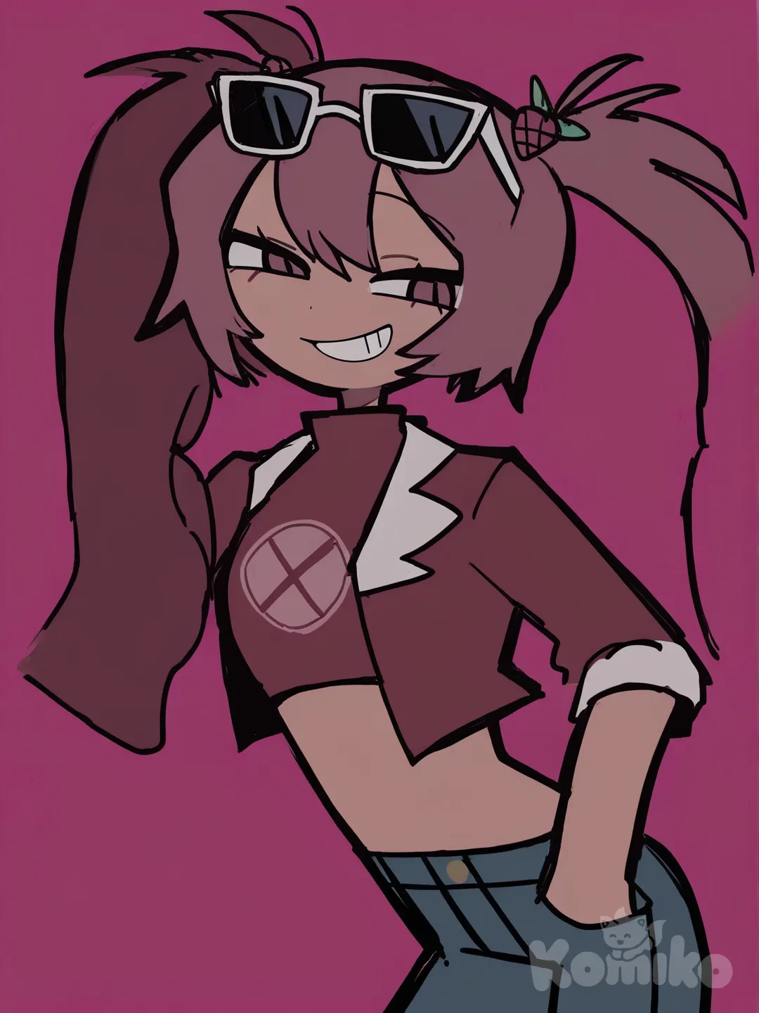 [pop-sketch-style], raspberry hair, upper body, female, dark skin, smile, sunglasses on head, flat chest, cropped jacket, jeans, raspberry hair pin