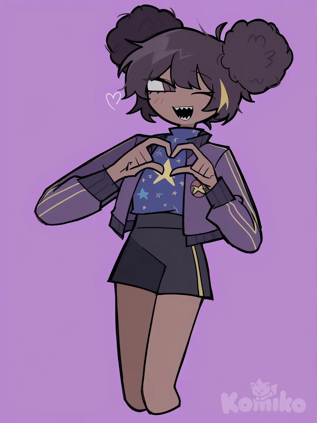 [pop-sketch-style], yellow afro starfruit hair with double buns, star t-shirt, cosmic varsity jacket, knee shorts, upper body, heart hands, open mouth, winking, dark-skinned female