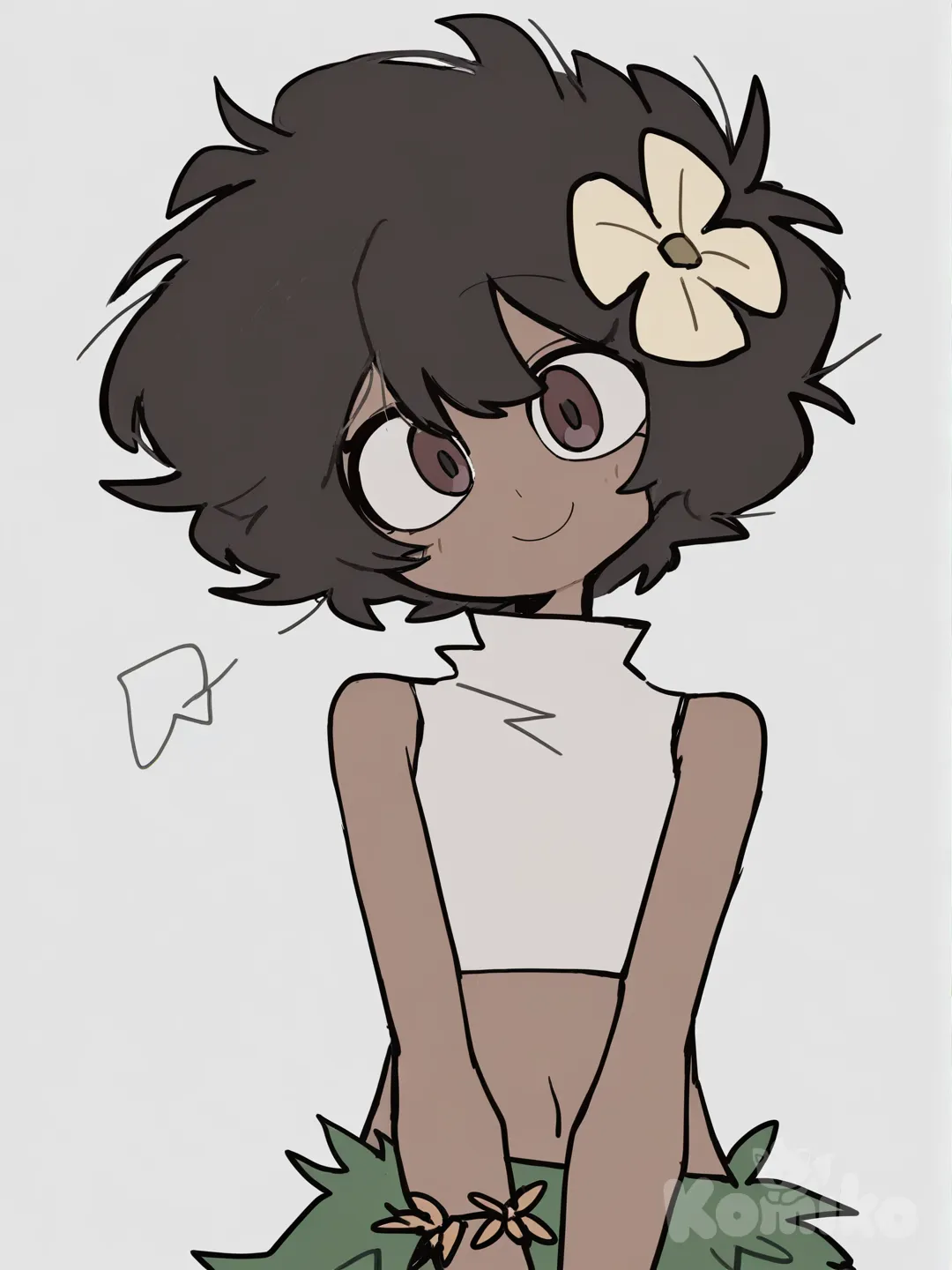 [pop-sketch-style], coconut afro hair, non-binary but most likely female, slightly tanned skin, white crop top, hawaiian skirt, upper body, flower bracelet, head tilt