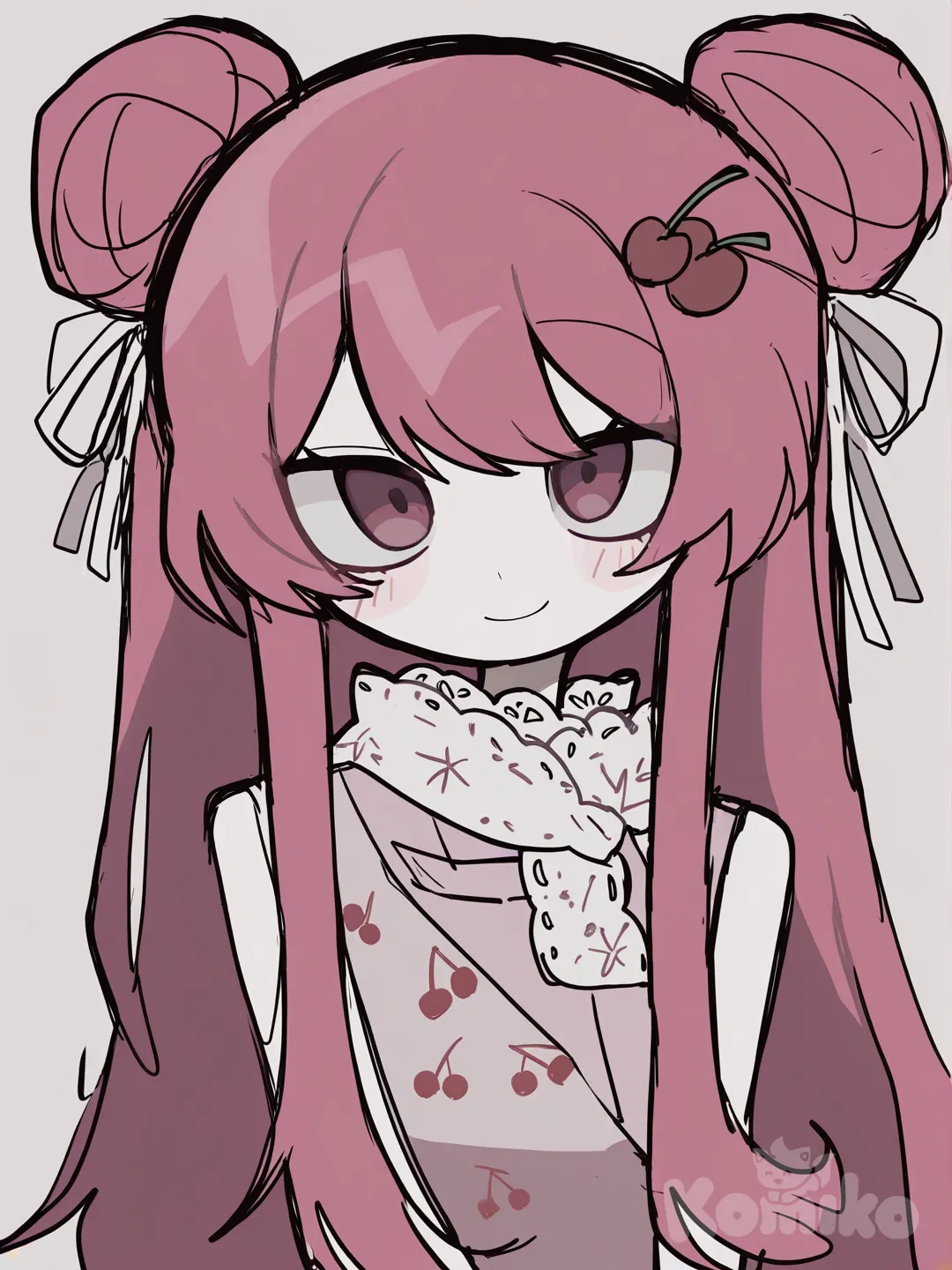 [pop-sketch-style], cherry double bun hair, light skin, female, soft pinks, whites, and floral patterns with delicate cherry accents or a silk scarf, upper body, light smile