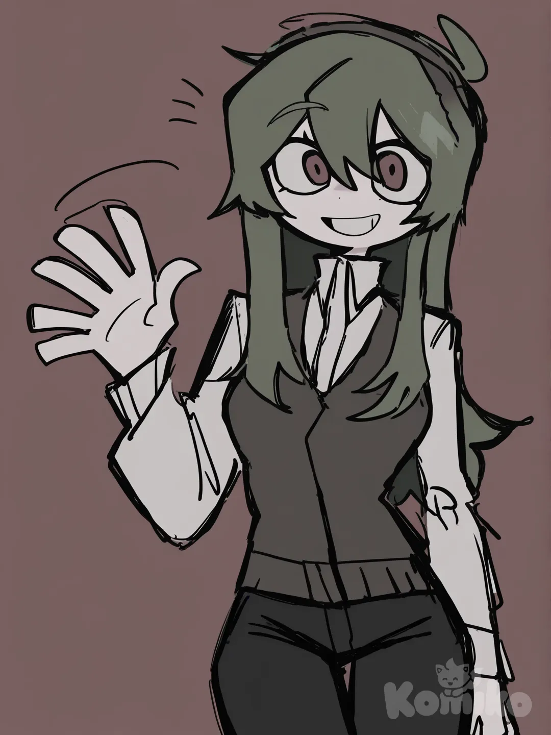 [pop-sketch-style], olive hair, female, headband, bohemian shirt, vest, casual pants, upper body, waving