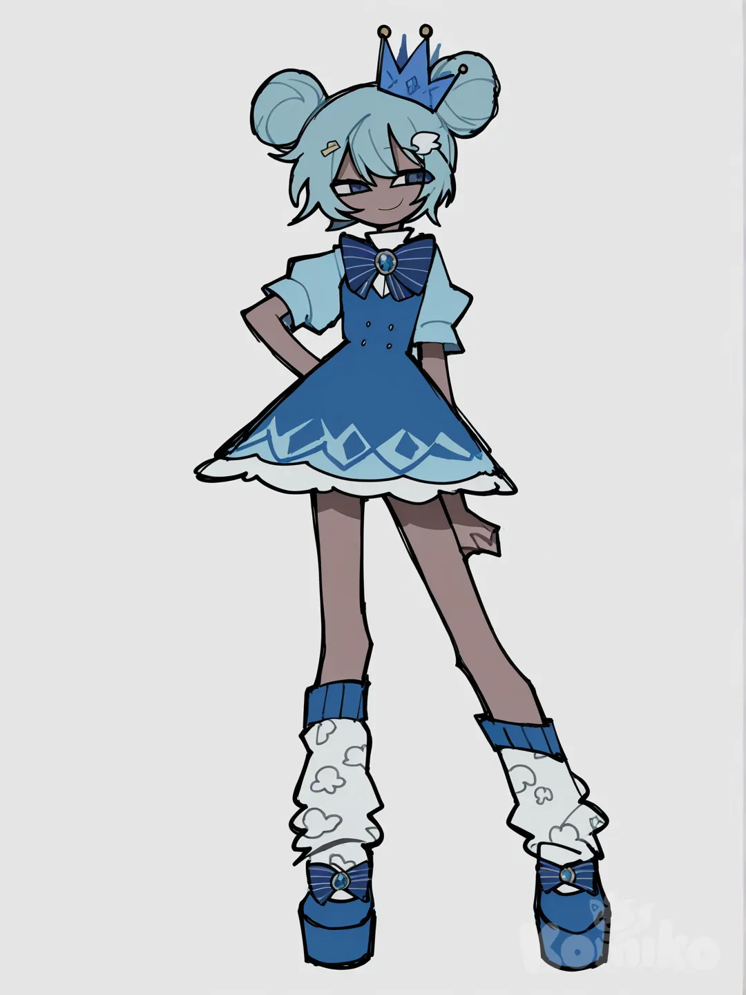 [pop-sketch-style], sky blue hair, sapphire gem hairclip, blue crown, blue magical girl dress, blue vest, cloud themed accessories, afro double buns, blue platformer shoes, leg warmers with cloud accents, dark skin, standing, light smile