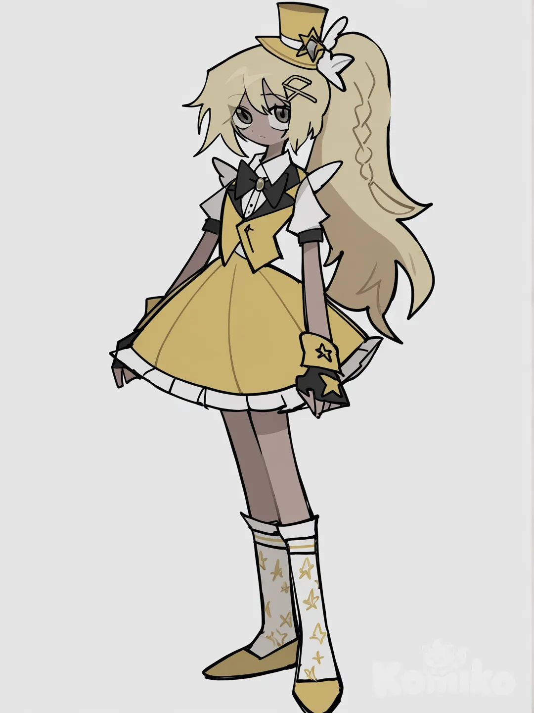 [pop-sketch-style], golden hair, yellow topaz gem hairclip, yellow star tophat headband, yellow magical girl dress, fingerless gloves with star accents, yellow vest, braided ponytail, yellow cosmic shoes, cosmic socks, tanned skin, standing, expressionless