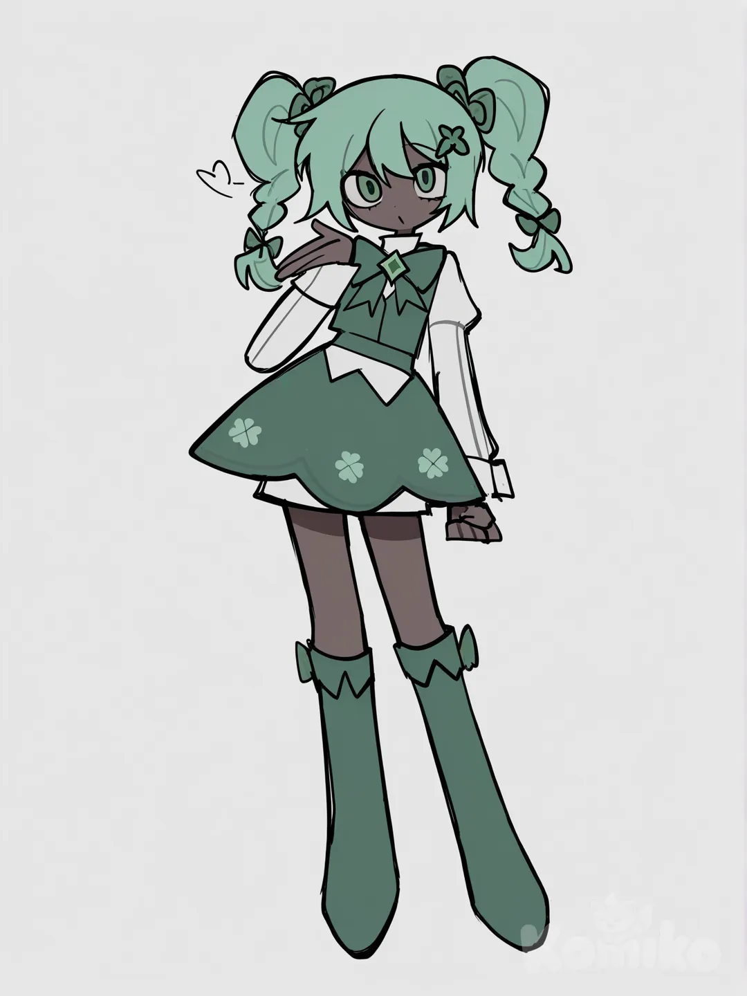 [pop-sketch-style], lime hair with minty green gradients, emerald gem hairclip, two clover shaped hair ties, green magical girl dress with long puffy sleeves, green vest, bubble braided pigtails, green knee-length boots with clover accents, very dark skin, standing, blowing kiss