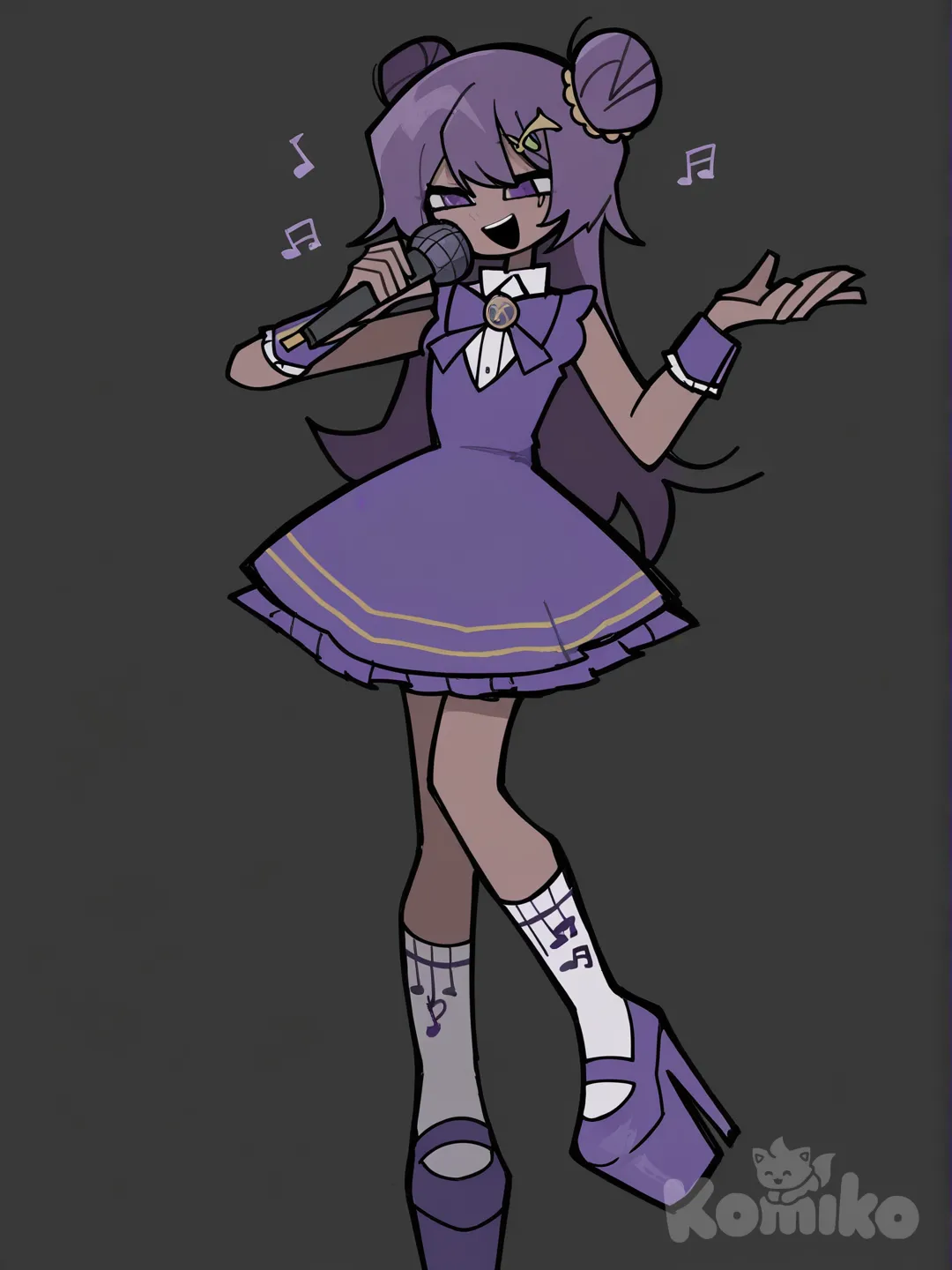 [pop-sketch-style], purple hair, amethyst gem hairclip, treble clef bow, purple sleeveless magical girl dress with music note accents, purple vest, long straight hair with fluffy bun, purple high platformers, music note socks, holding neon purple microphone, slightly dark skin, standing, happy, singing