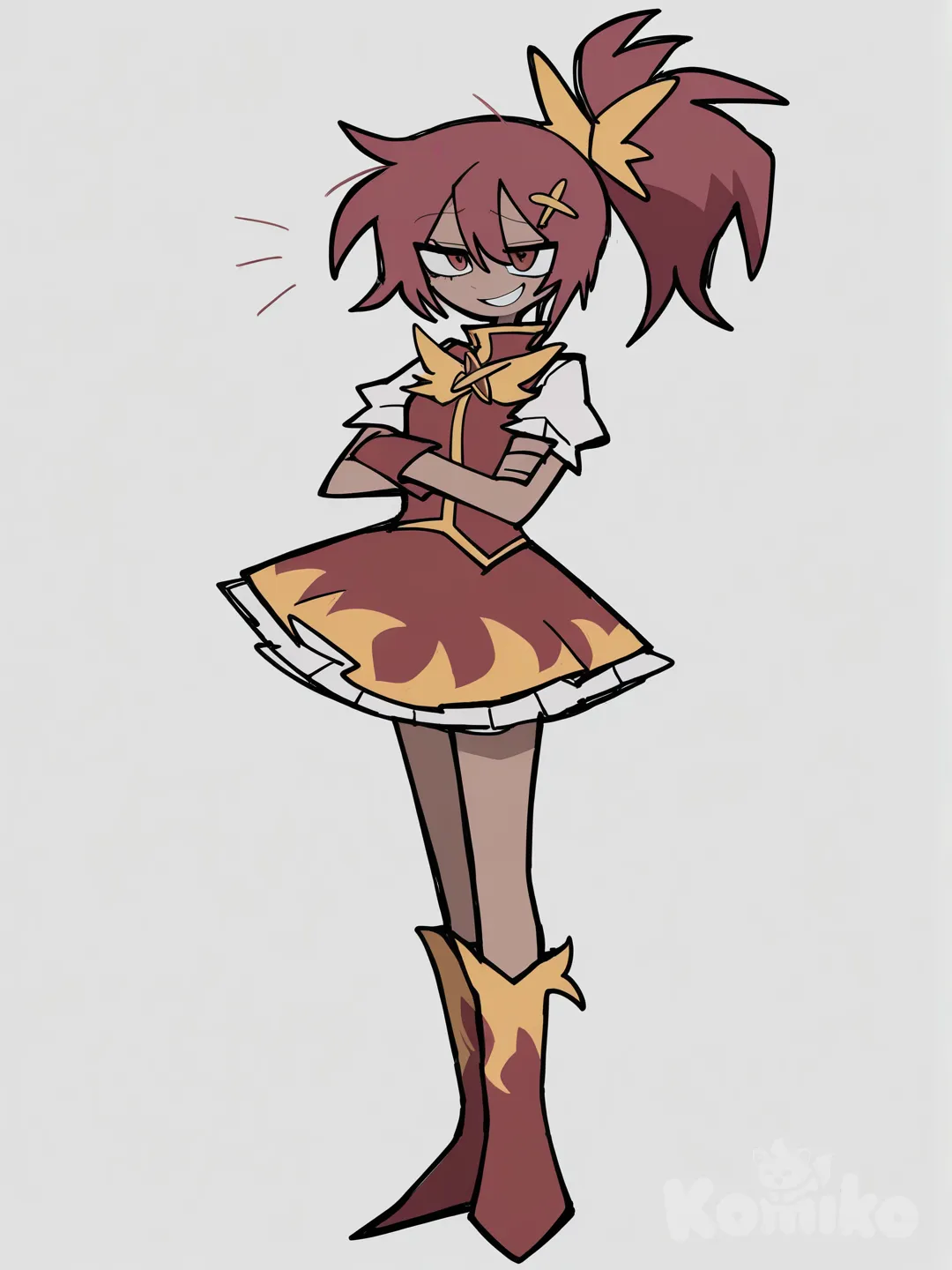 [pop-sketch-style], red hair with orange gradients, ruby gem hairclip, sun shaped bow, red magical girl dress with short skirt, red vest, messy spiky ponytail, red scenecore boots with flame accents, fire socks, tanned skin, standing, crossed arms, grin