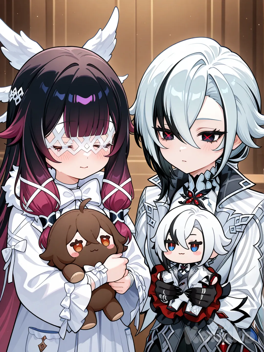 @Arlecchino_(Genshin_Impact), маленькая девочка, с плюшевой куклой , @Columbina_(Genshin_Impact)