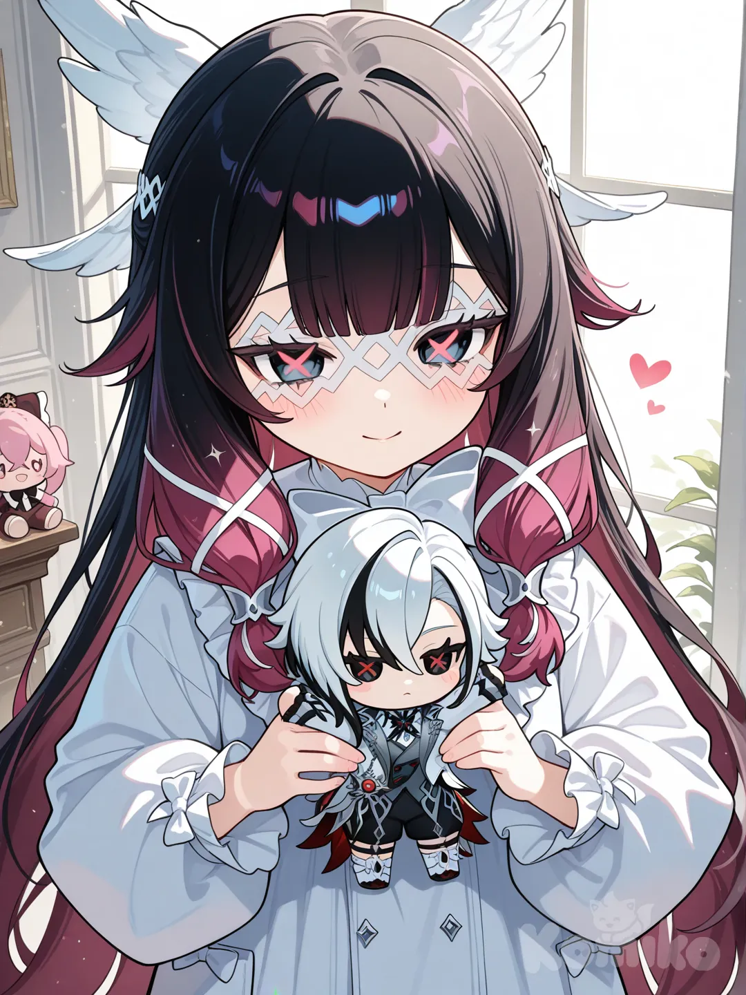 @Arlecchino_(Genshin_Impact), маленькая девочка, с плюшевой куклой , @Columbina_(Genshin_Impact)