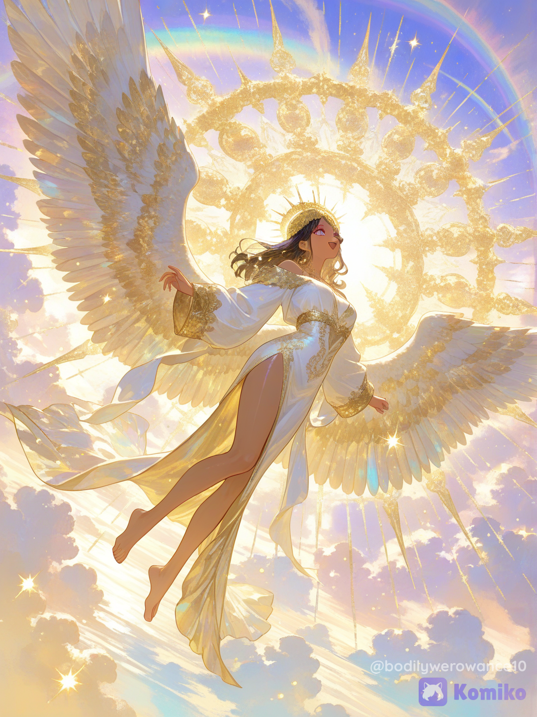 @aethoniel-jCyp[sensual-glossy-style], She is in the sky surrounded by clouds and rainbows with her arms and wings extended. She has a big accepting smile. The feathers of her wings glow with a rainbow tint.
