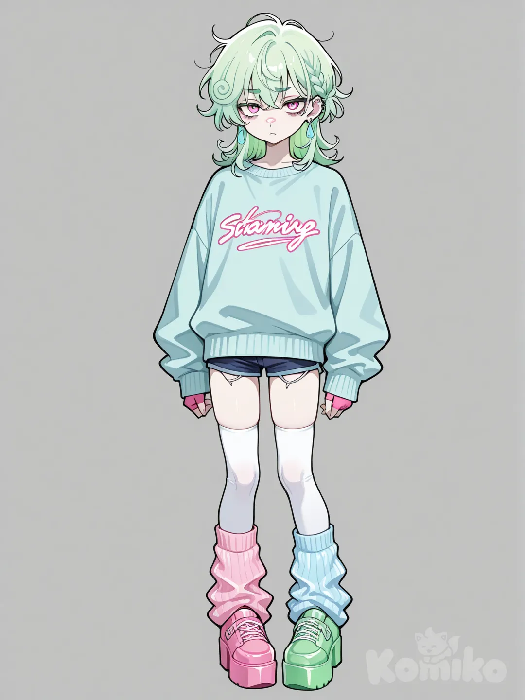 Pale white skin, large down turned pink eyes, broad nose, Curly slightly long neon green hair with one small braid on the front right, dainty green eyebrows, several piercings and earnings that are clear light blue plastic, light blue oversized sweater, dark blue gene shirts that fall just above his knees, thigh high white socks, light blue leg warmers, platform high top shoes one pink one neon green, pink fingerless gloves, looks cold an annaproachable. 20 years old, male, twink