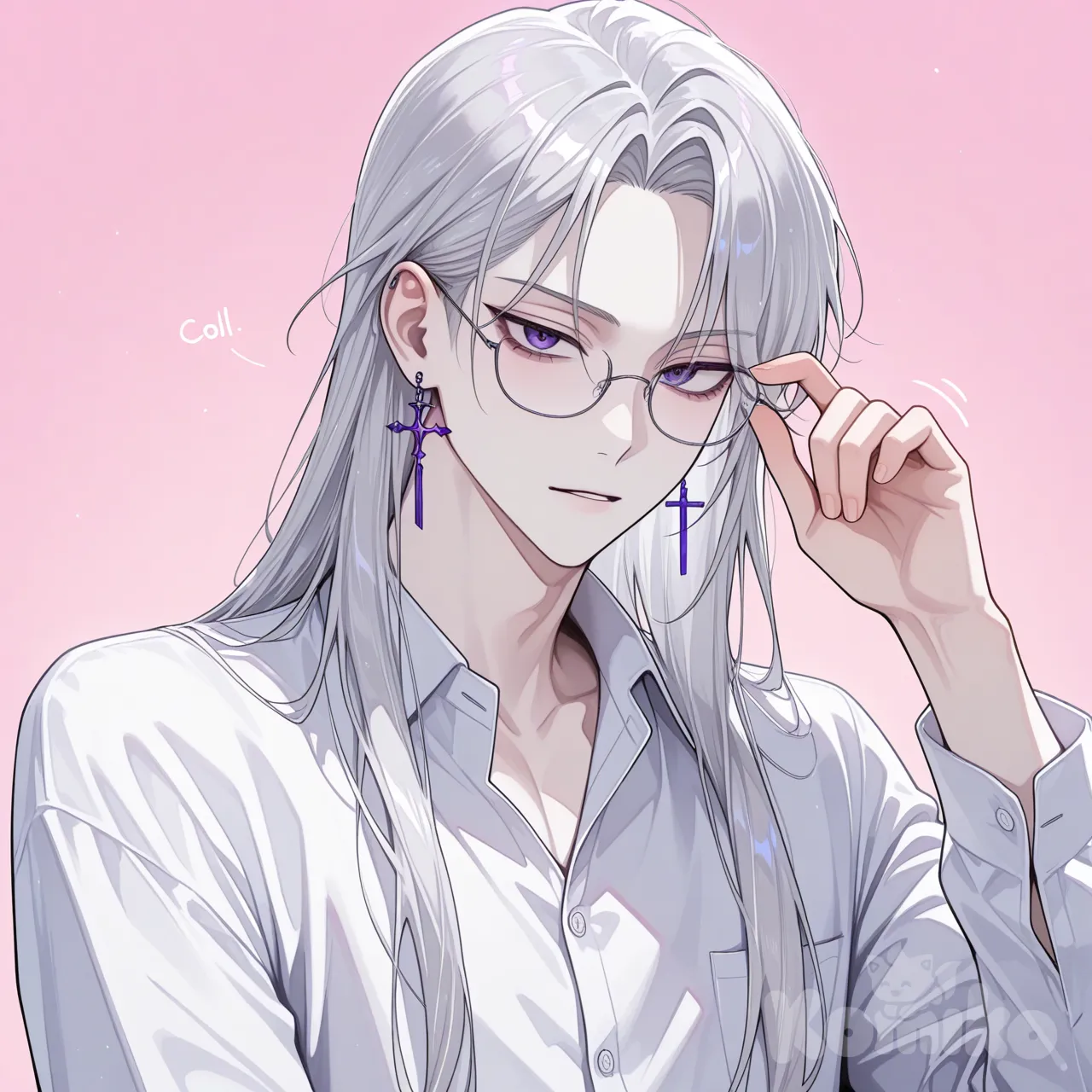 [Semi-realistic-painted-style] Tall, slim, Korean, kpop idol, long straight silver hair, pale, purple eyes, glasses, light eyelashes, one purple cross earring, calm-kind expression, thin eyes, long sleeves white button up short, elegant, cool, calm, handsome, k-fashion, looking to the side. Pushing glasses on to face.