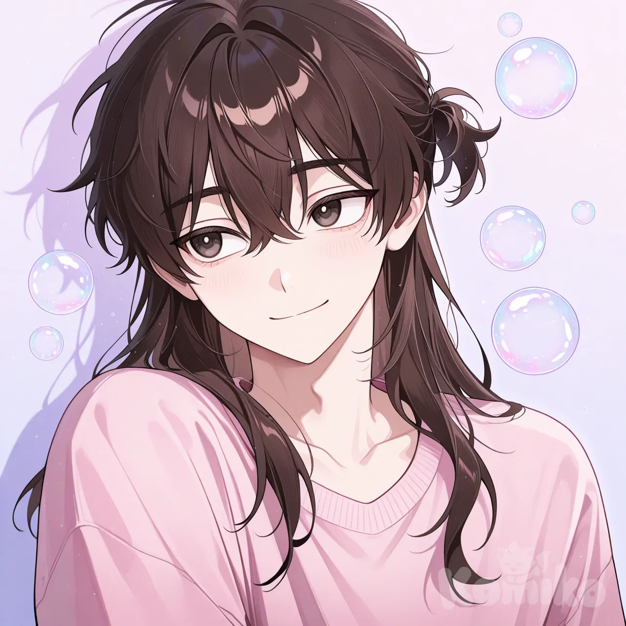 [Semi-realistic-painted-style] Short, Slim, Korean, Kpop idol, twink, half up dark brown shoulder length hair, hazel upturned eyes, happy expression, light pink sweater, looking to the right side, bubbly, closed mouth, smile mouth, handsome.