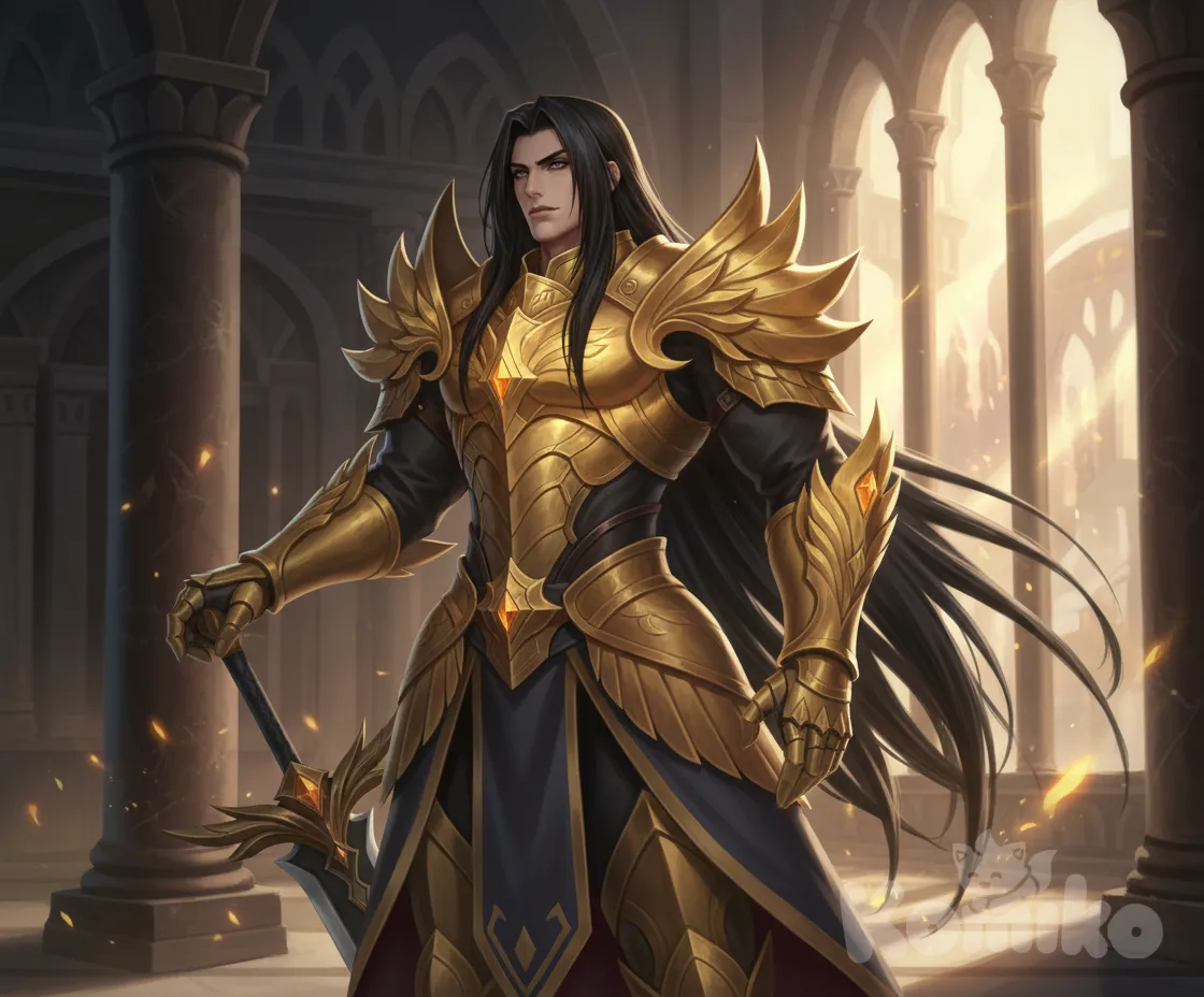 Ravael, He is a King with straight black hair. His body is large and muscular. He has black eyes and his black hair is long and flowing down to his waist. He wears golden Phoenix Armor, without a crown., anime style