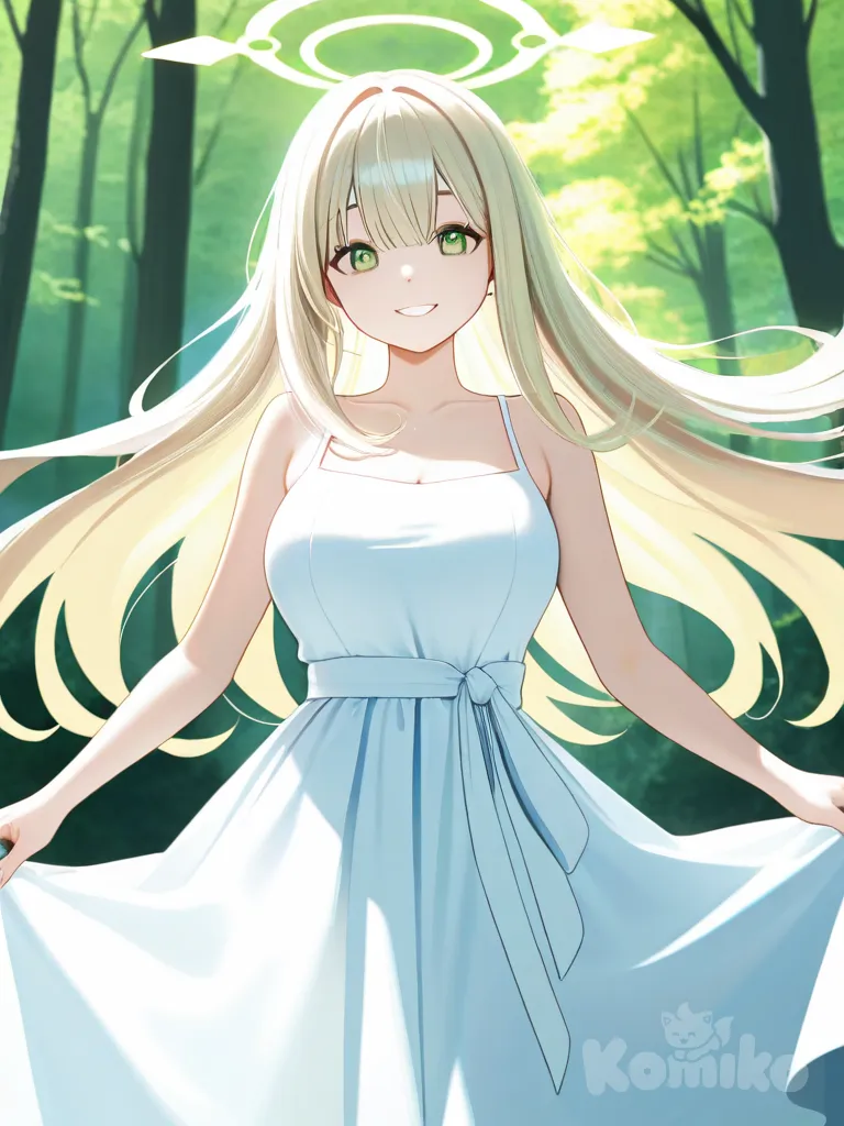 Goddess with platinum blonde hair and jade green eyes, with a pure white dress and a halo behind her, large breasts, and forest background