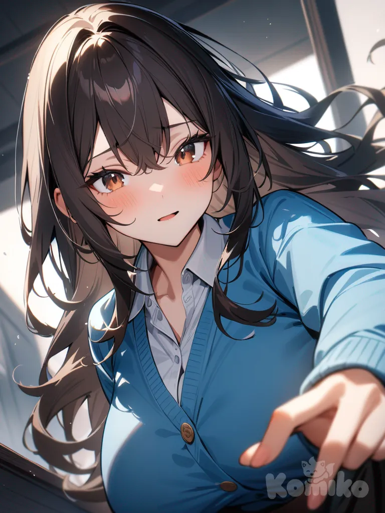 Female, large breasts, white shirt, blue cardigan, Long hair unraveled with brown eyes