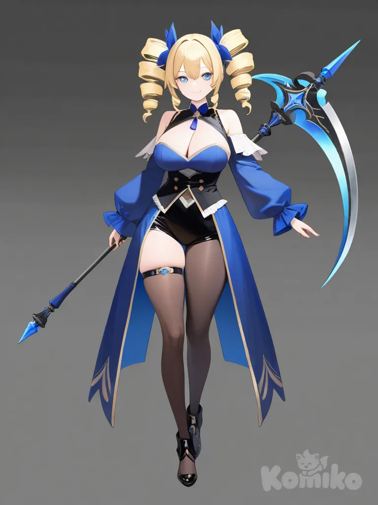 Blonde, drill hair, large breasts, black scythe, blue eyes, full body