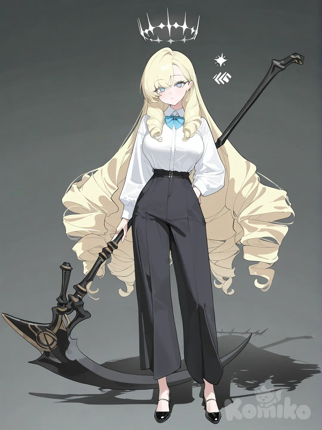 Blonde, drill hair, large breasts, black scythe, blue eyes, full body