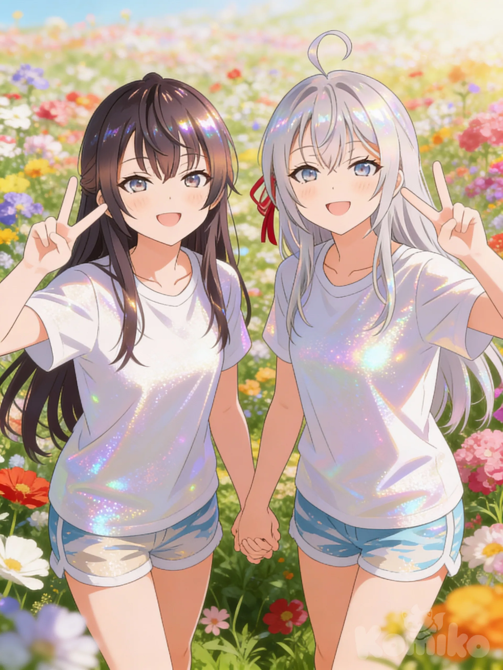@Maria_Mikhailovna_Kujou, @Alisa_Mikhailovna_Kujou, holding hands, v sign, t-shirt, beach shorts, smile, flower field, [iridescent-style]
