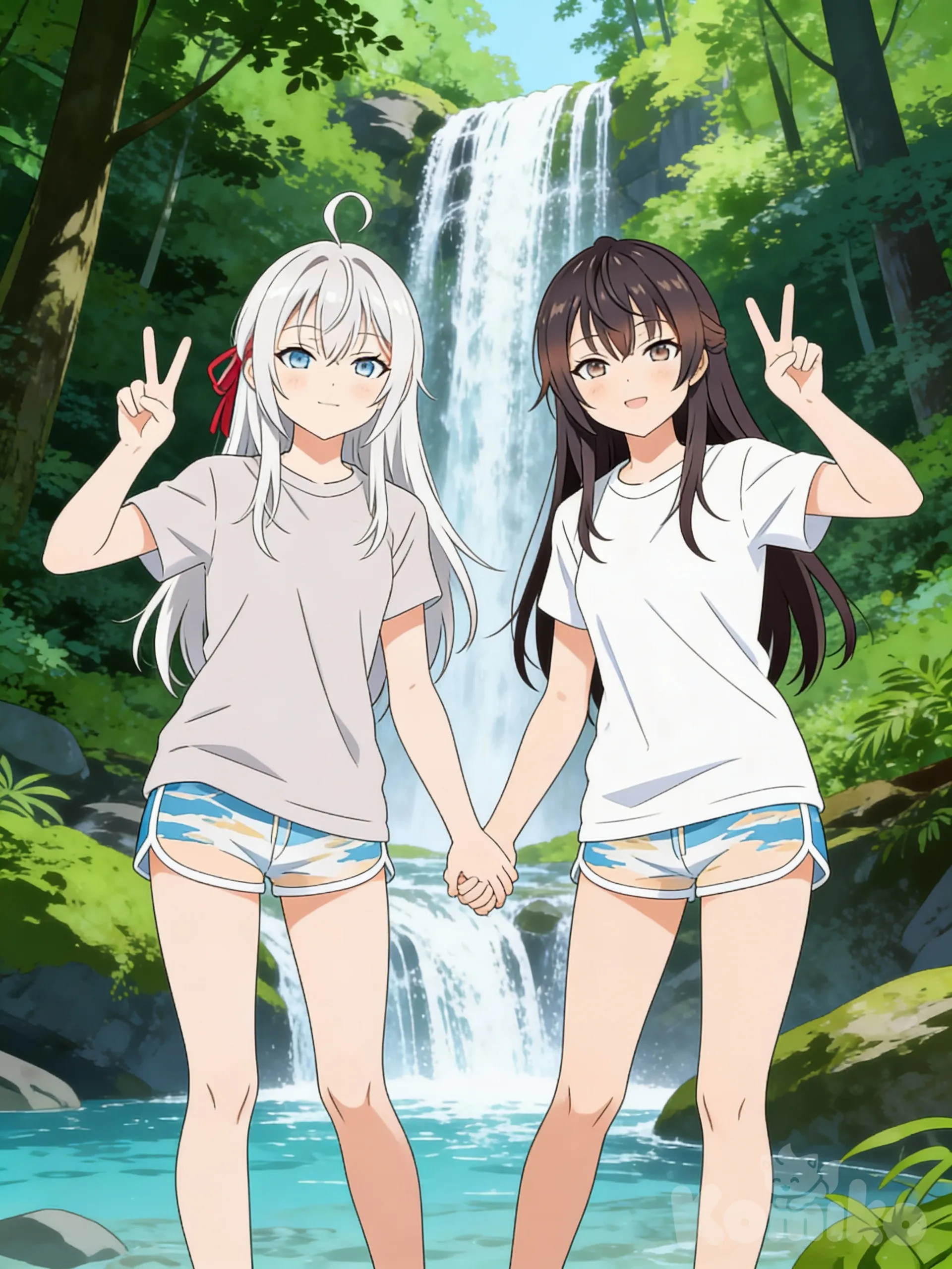 @Alisa_Mikhailovna_Kujou, @Maria_Mikhailovna_Kujou, v sign, holding hands, t-shirt, beach shorts, [pop-anime-style], forest, waterfall