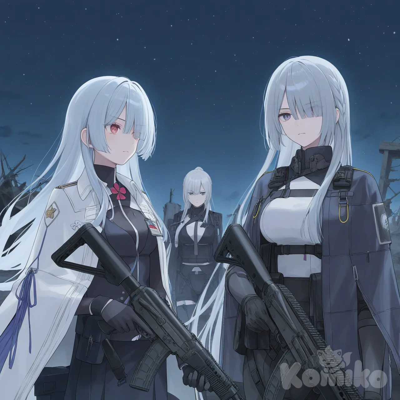 Type 95 (Girls'_Frontline), Ak-15 (Girls'_Frontline), holding gun, frown, [soft-pastel-style], ruins, starry sky, 2people