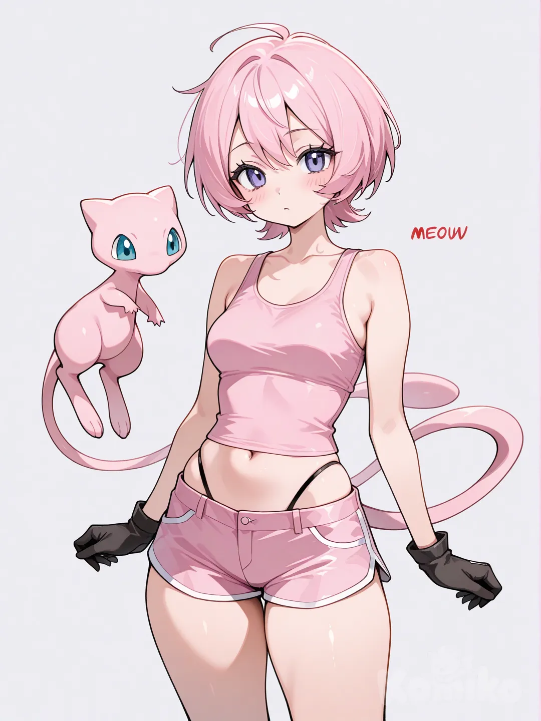 mew (pokemon), highleg panties, shorts, short hair, female, tank top, gloves