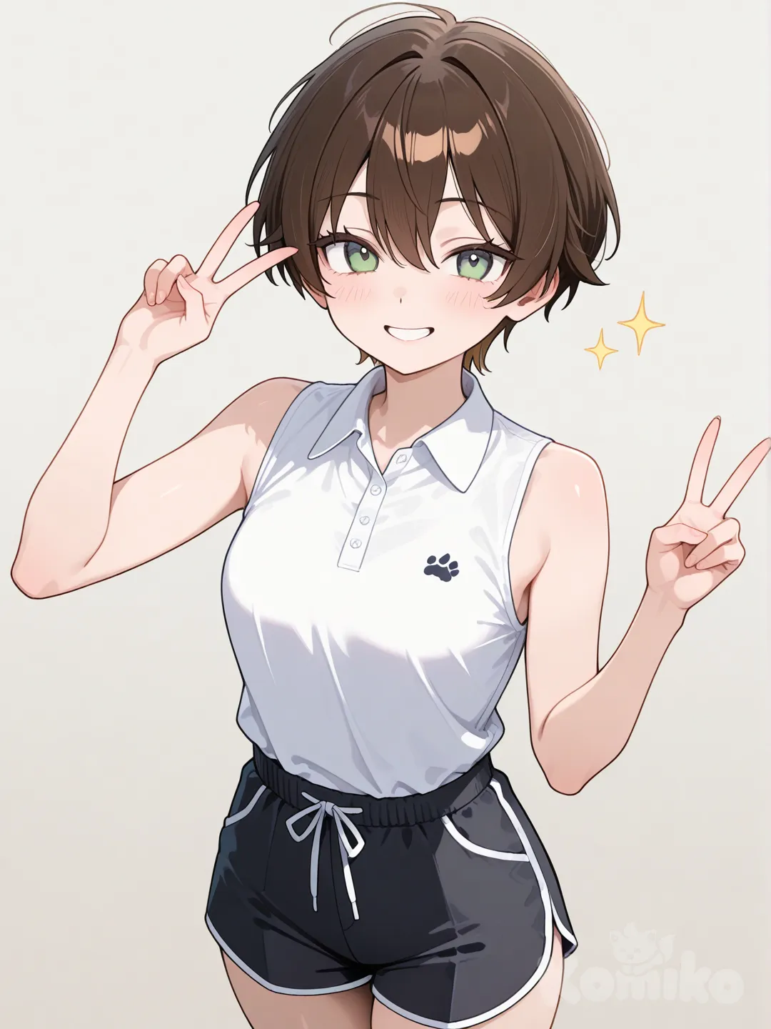 1girl, v sign black shorts, white sleeveless polo shirt, tomboy girl with brown hair and light green eyes