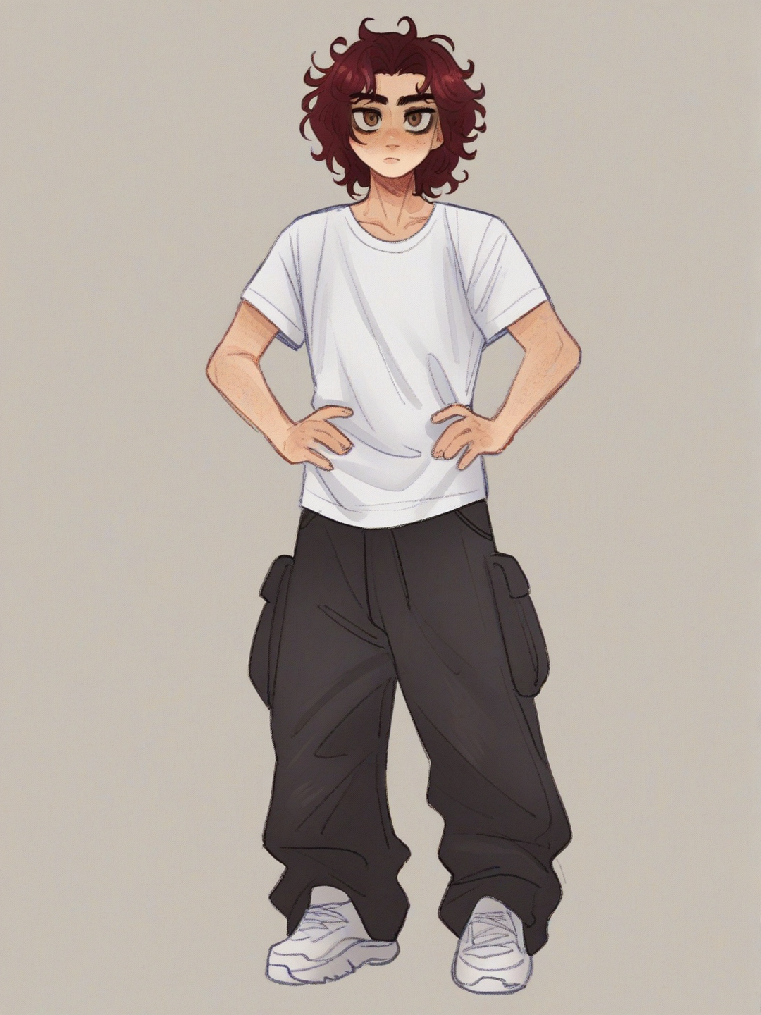 [soft-shaded-moe-style] 1boy, red hair, wavy hair, short hair, messy hair, brown eyes, fair skin, white t-shirt, athletic build, straight posture, baggy pants, black pants, comic style, soft-shaded moe style, single character, full body, looking at viewer, simple background, white background