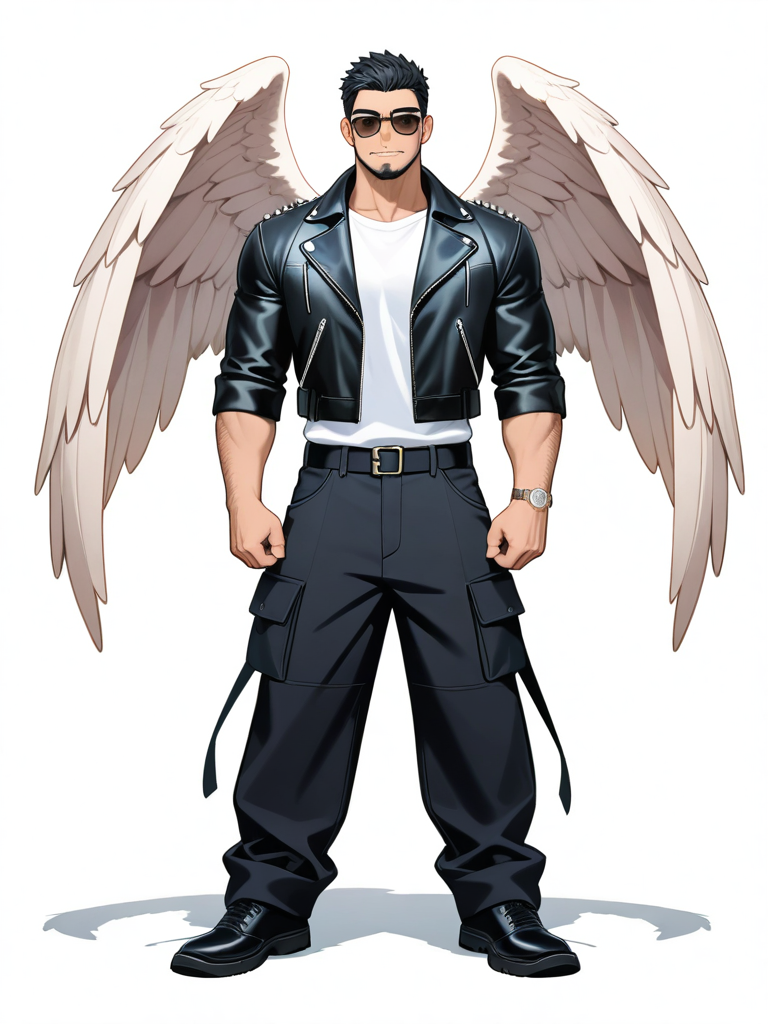 1boy, demon, mature male, athletic, muscular, tall, black hair, red eyes, pale skin, leather jacket, cargo pants, jeans, studs, angel wings, quartz watch, sunglasses, single character, full body, looking at viewer, anime style, simple background, white background