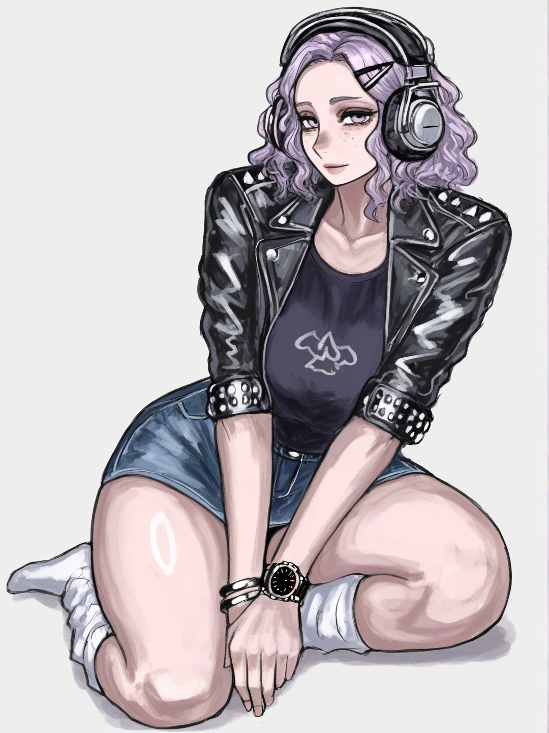 [sketchy-painterly-style] 1girl, realistic, angel, mature, curvy, slim, short, purple_hair, wavy_hair, short_hair, purple_eyes, freckles, fair_skin, leather_jacket, t-shirt, denim_skirt, studs, hairpin, mechanical_watch, knee-high_socks, headphones, bracelet, single_character, full_body, looking_at_viewer, simple_background, white_background