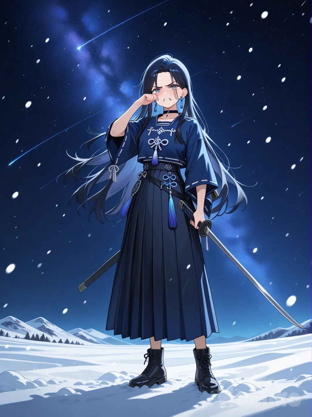 holding sword, wiping tears, angry, bohemian shirt, pleated skirt, tassels, choker, earrings, side part, navy blue, full body, ambient light, cosmic background, snowy