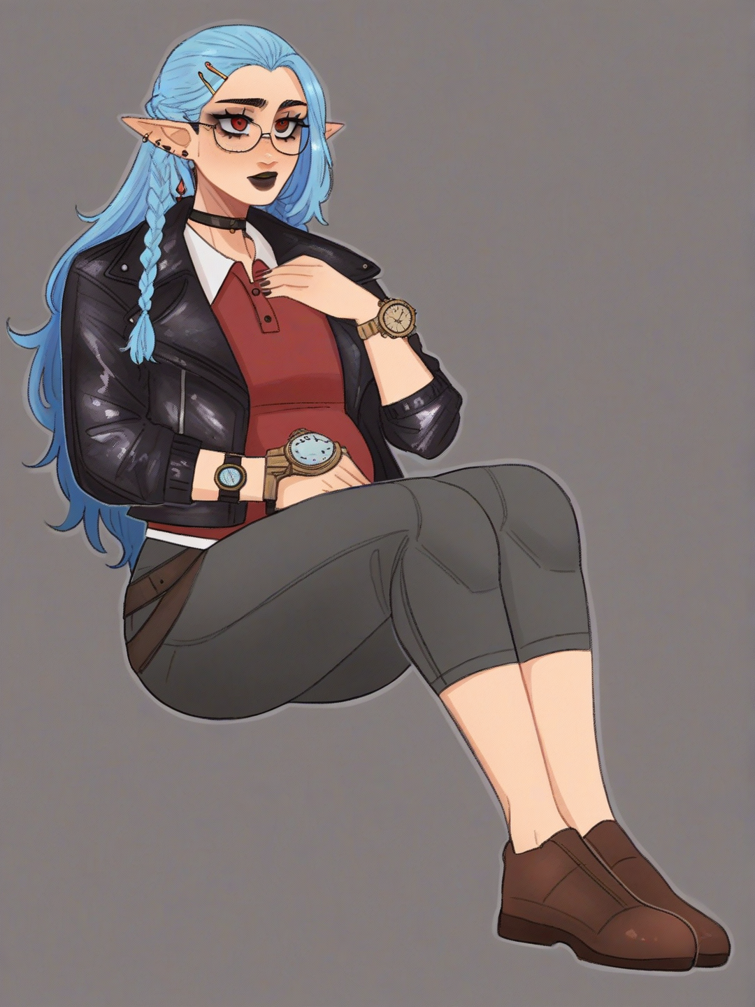 [soft-shaded-moe-style] 1girl, elf, cyberpunk, mature female, curvy, stocky, tall, chubby, blue hair, long straight hair, braids, red eyes, dimples, tan skin, punk leather jacket, polo shirt, capri pants, pencil skirt, hairpin, angel wings, earrings, glasses, choker, mechanical watch, single character, full body, looking at viewer, anime style, simple background, white background