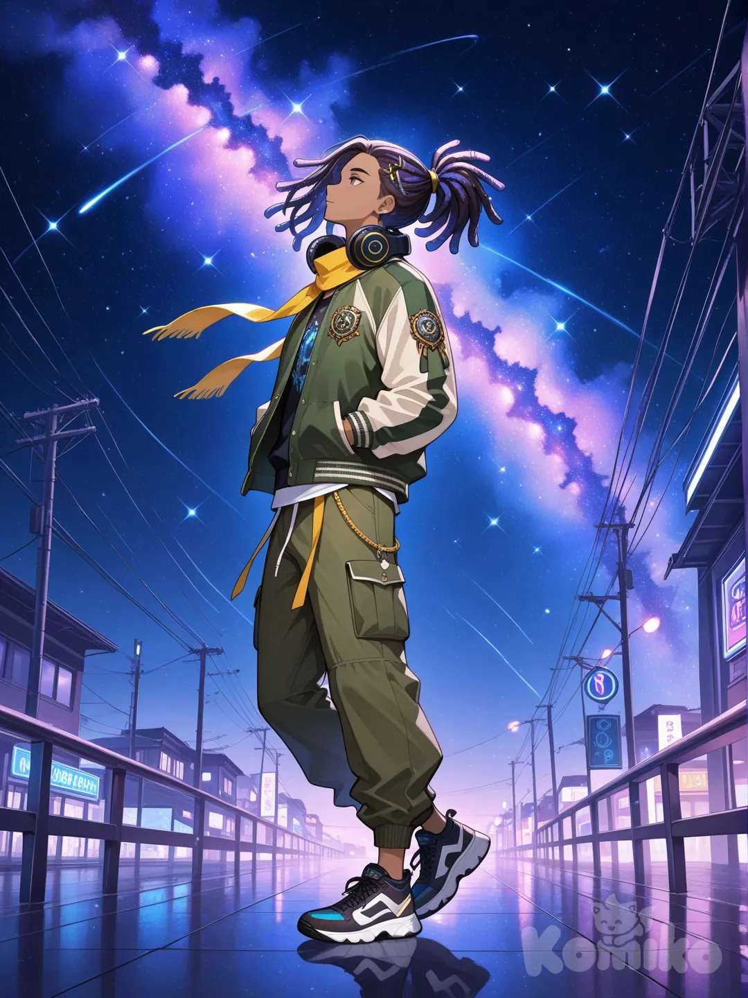 hands in pockets, head tilt, varsity jacket, henley shirt, cargo pants, tassels, hairpin, scarf, headphones, dreadlocks, high ponytail, khaki, full body, looking away, neon lights, cosmic background