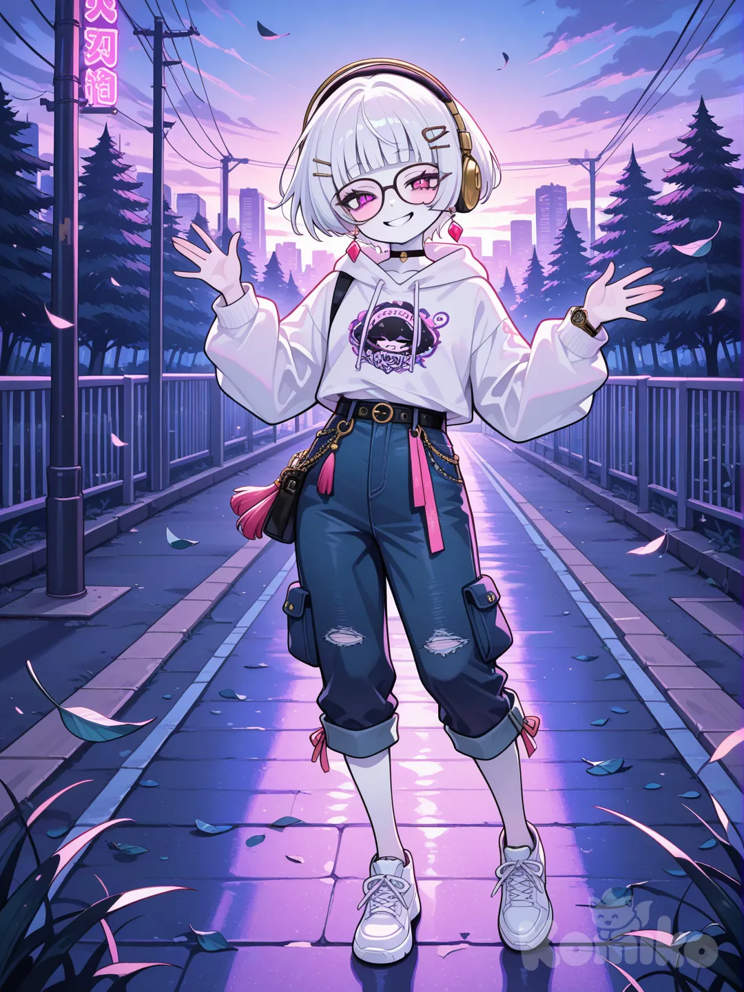 high five, evil , smile, evil smile, hoodie, henley shirt, denim skirt, cargo pants, capri pants, tassels, hairpin, earrings, choker, glasses, headphones, mechanical watch, mushroom cut, afro, ivory white, full body, looking at viewer, twilight, neon lights, cityscape, forest, leaves falling