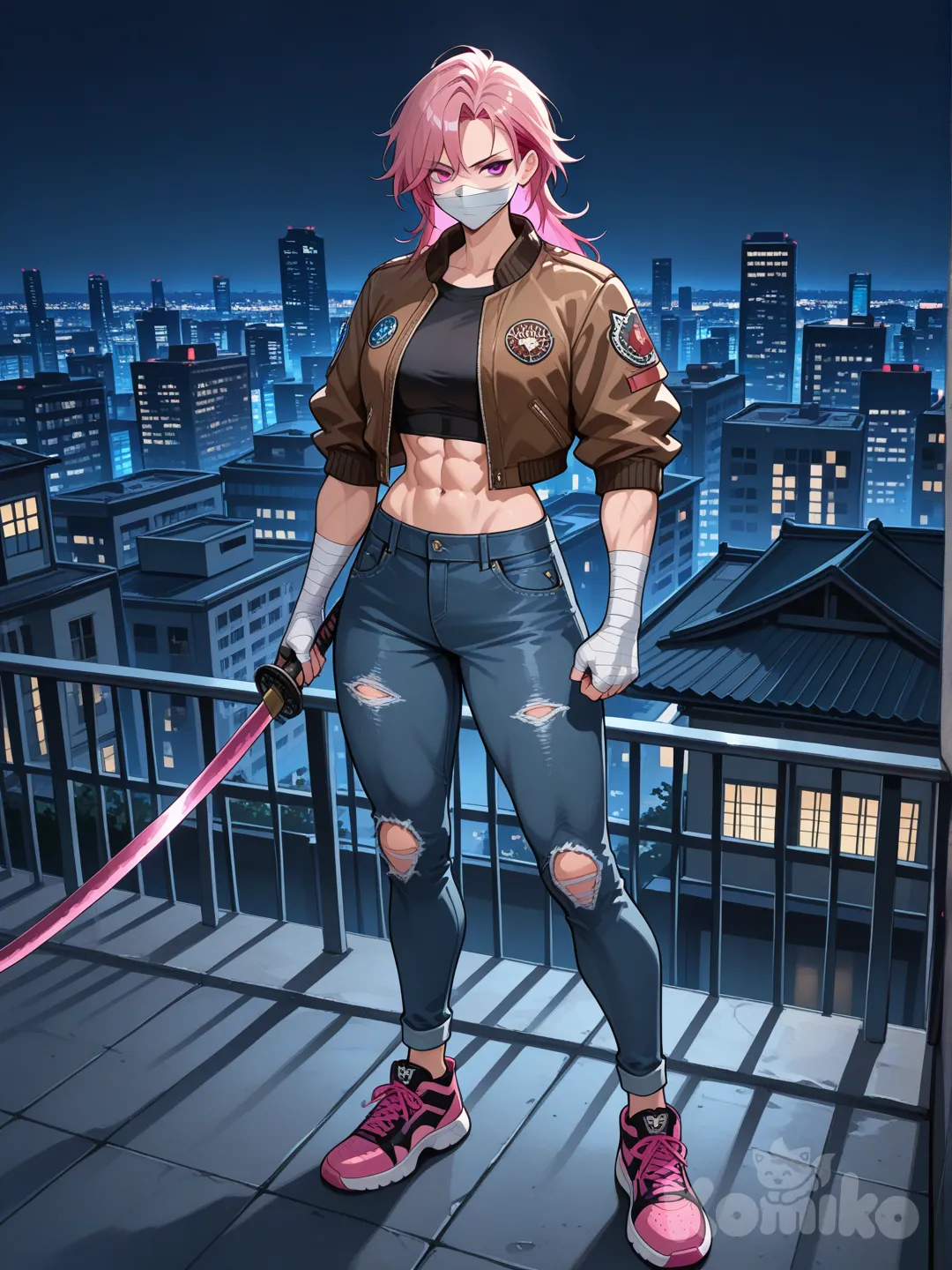 Девушка с японским мечом. Стоит на крыше. Девушка высокая стройная, мускулистая. С чёрно-розовыми волосами. Стрижка маллет. Одета в бомбер, джинсы, и кеды. На руках бинты, а в рукх японский меч. Лицо от носа подбородка бинты.